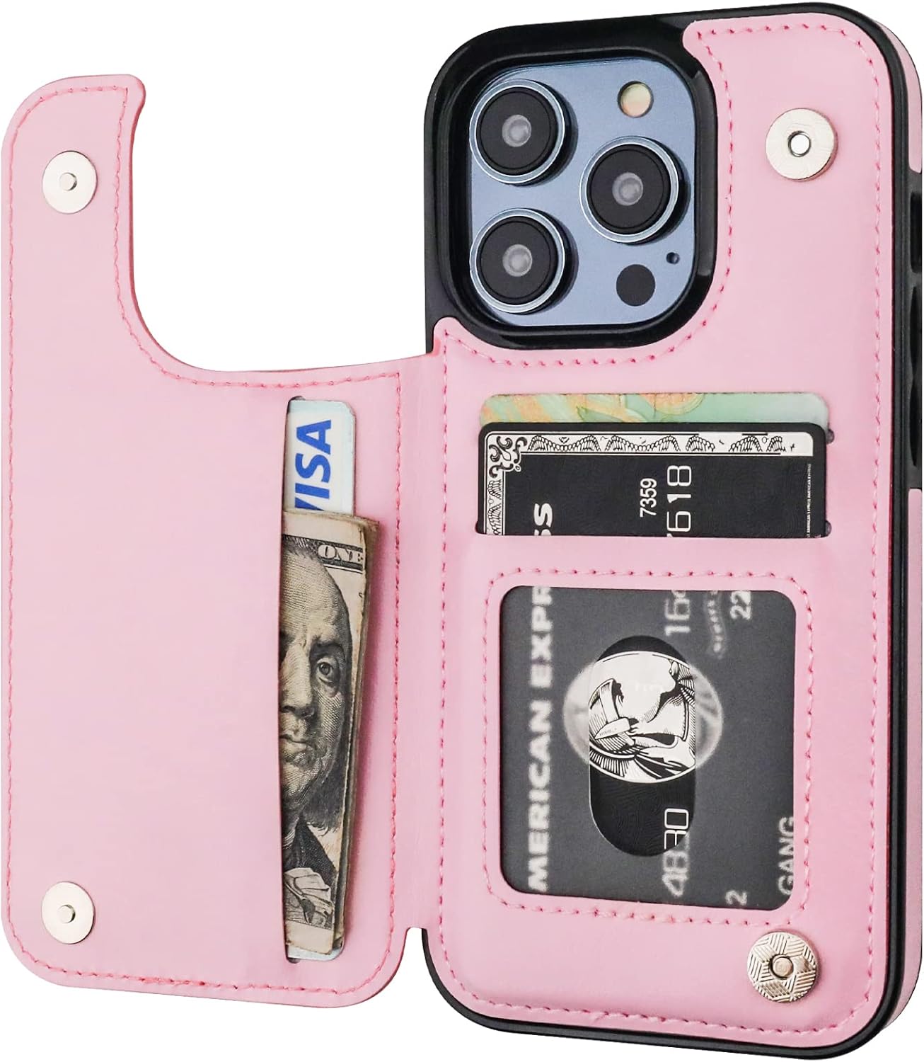 ONETOP Compatible with iPhone 14 Pro Wallet Case with Card Holder, PU Leather Kickstand Card Slots Case, Double Magnetic Clasp and Durable Shockproof Cover 6.1 Inch (Pink)