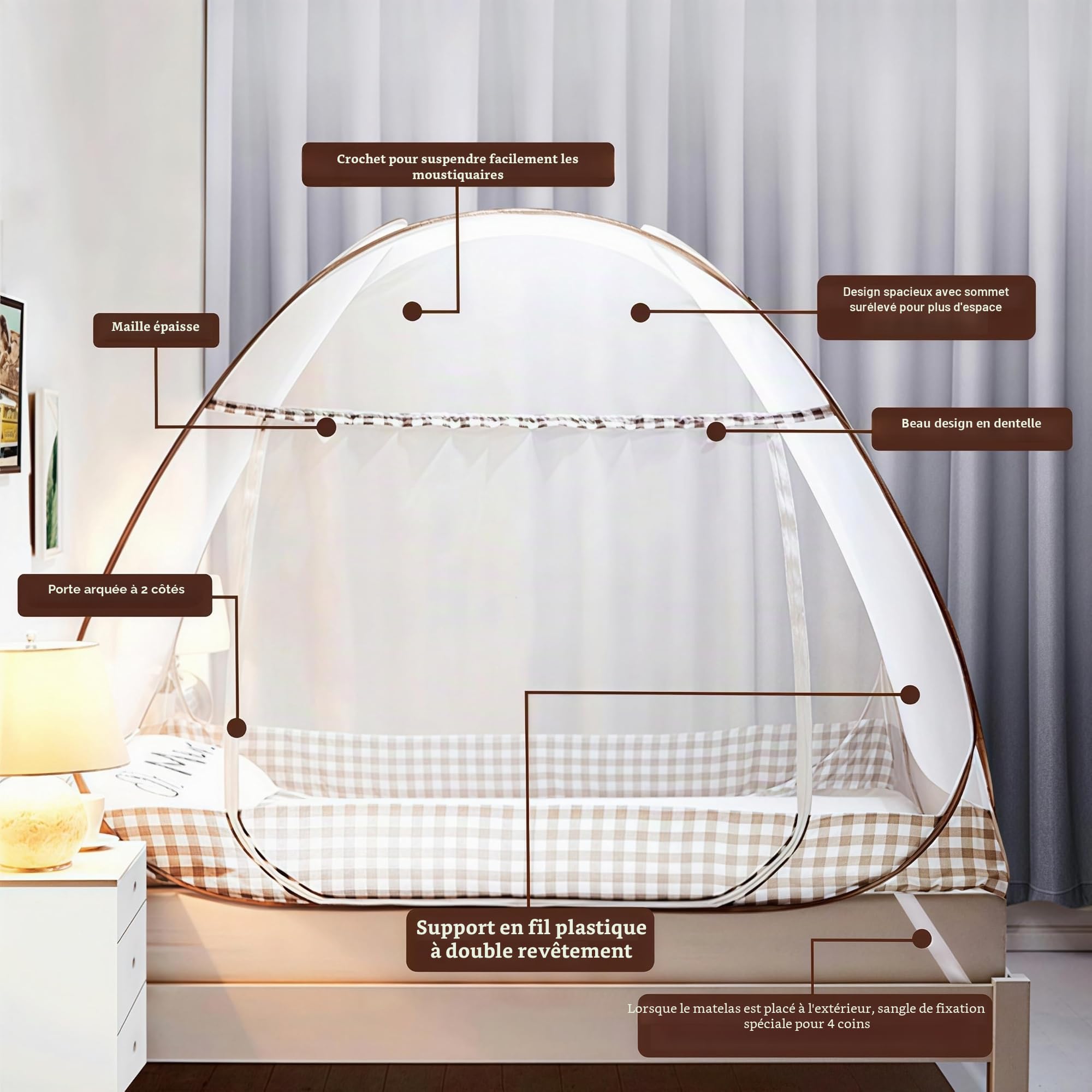 Digead Moustiquaire de Lit Dôme, 100x200cm à Installation Rapide | Portable et Pliable pour Camping et Chambre | Porte Simple, Bordure Marron