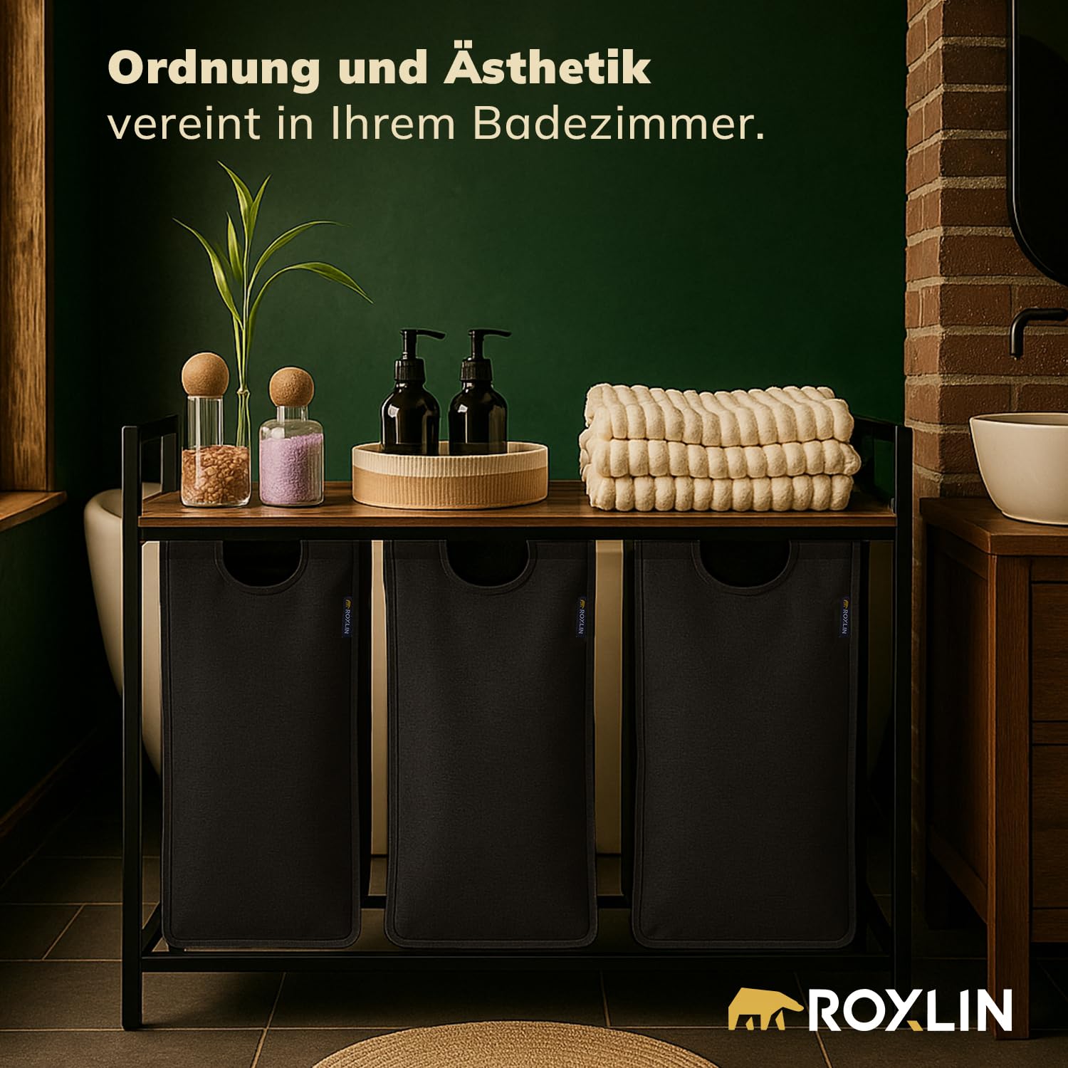 Wäschekorb mit 2 Fächern – Wäschesammler mit Deckel & Ablage Wäsche Sortierer aus Metall & Bambus Schmutzwäsche für Bad, Schlafzimmer, Waschküche Wäschesammler mit Ablage (Schwarz, 120 L)