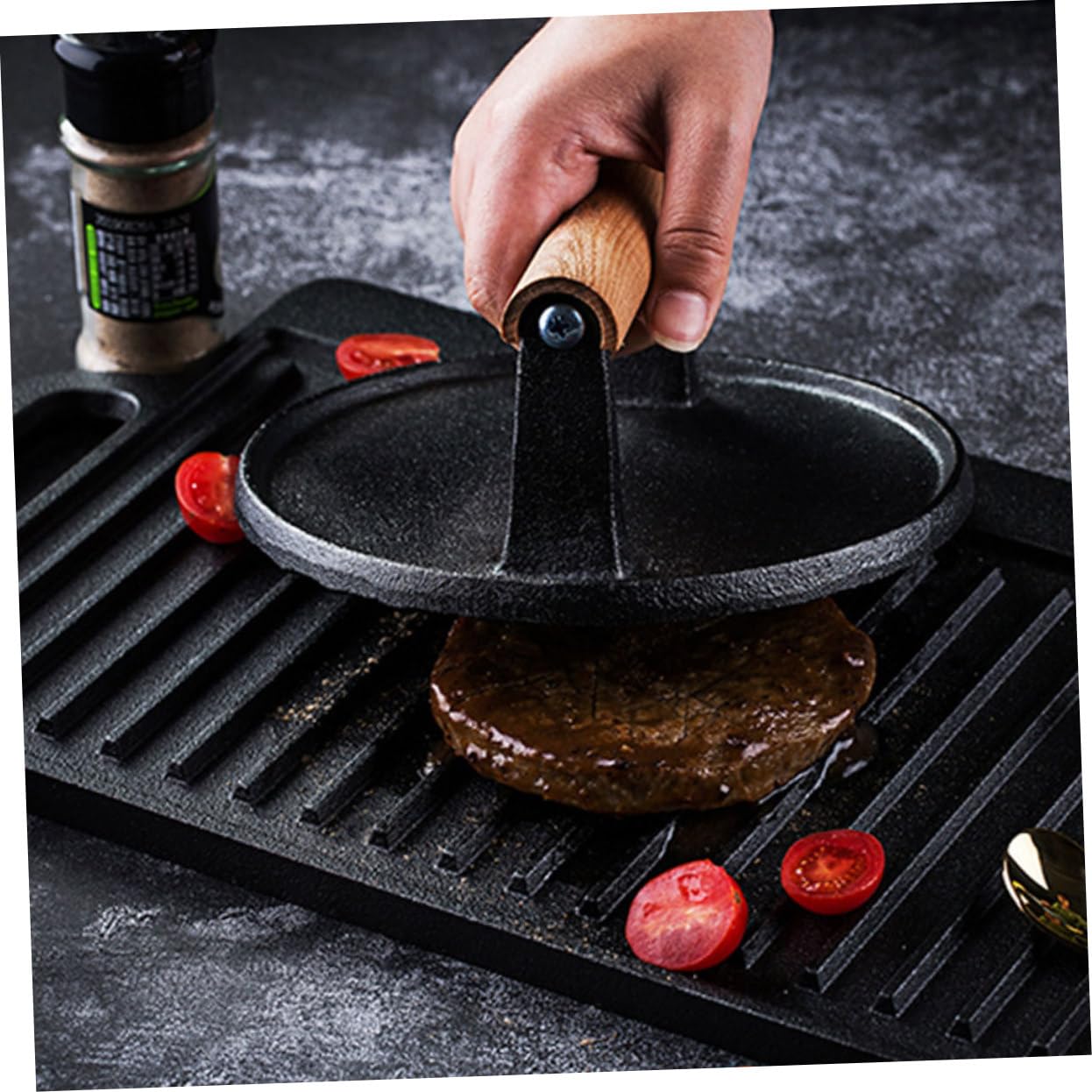 Runde Grillpresse aus Gusseisen mit Holzgriff Antihaftbeschichtet Robust und Formstabil für Steak Burger und Bacon Am Grill