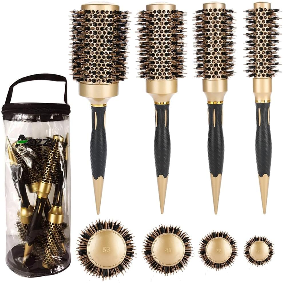 Aozzy Hair Brush, Round Brush Set for Blow Drying - Professional Boar Bristle Hair Styling Brush, Nanothermic-Ion Technology, Vented Ceramic Barrel, for Women - 4 Size Options, Golden