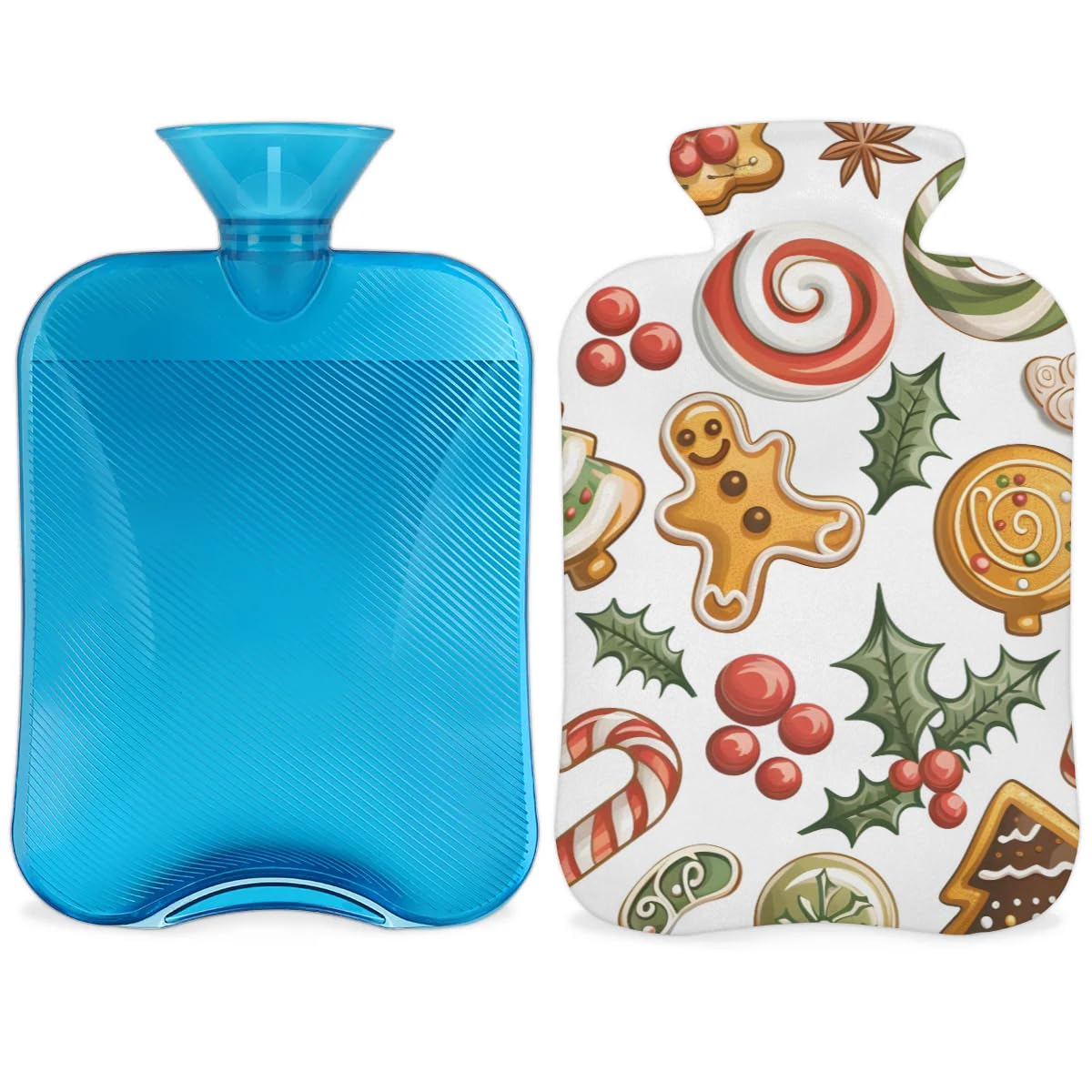 Hot Water Bottle with Soft Cover,2L Bright Gingerbread Man Hot Water Bag for Hot and Cold Compress, Hand Feet Warmer, Rubber Hot or Cold Water Bottle Halloween Christmas Decorations