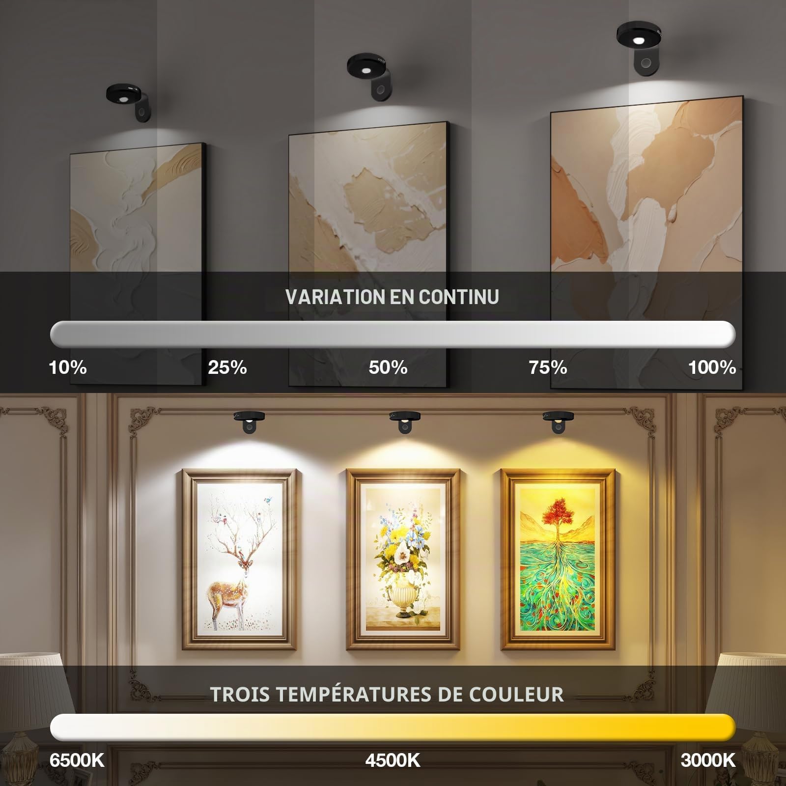 Lot de 4 lampes murales, sans fil, rechargeables, 2000 mAh, avec intensité variable et 3 CCT, avec télécommande, éclairage artistique pour peinture, comptoir, étagère, noir