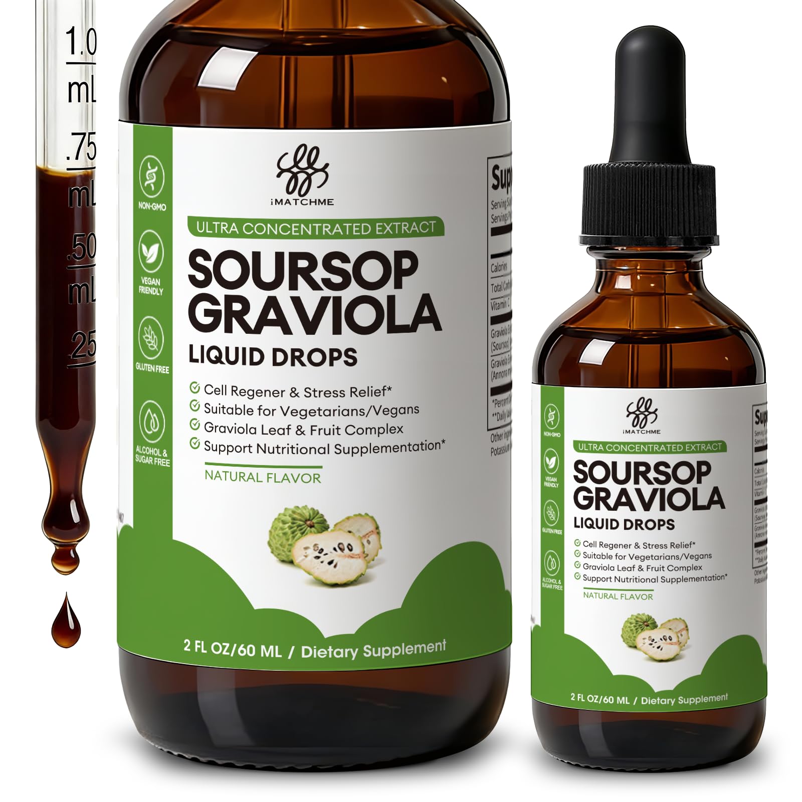 iMATCHME Soursop Graviola Liquid Drop for Cell Support & Regeneration, Immune System and Gut Health Support, Pure Soursop Bitters Liquid, High Absorption, Sugar/Gluten Free, Natural Flavor, 2 Fl Oz