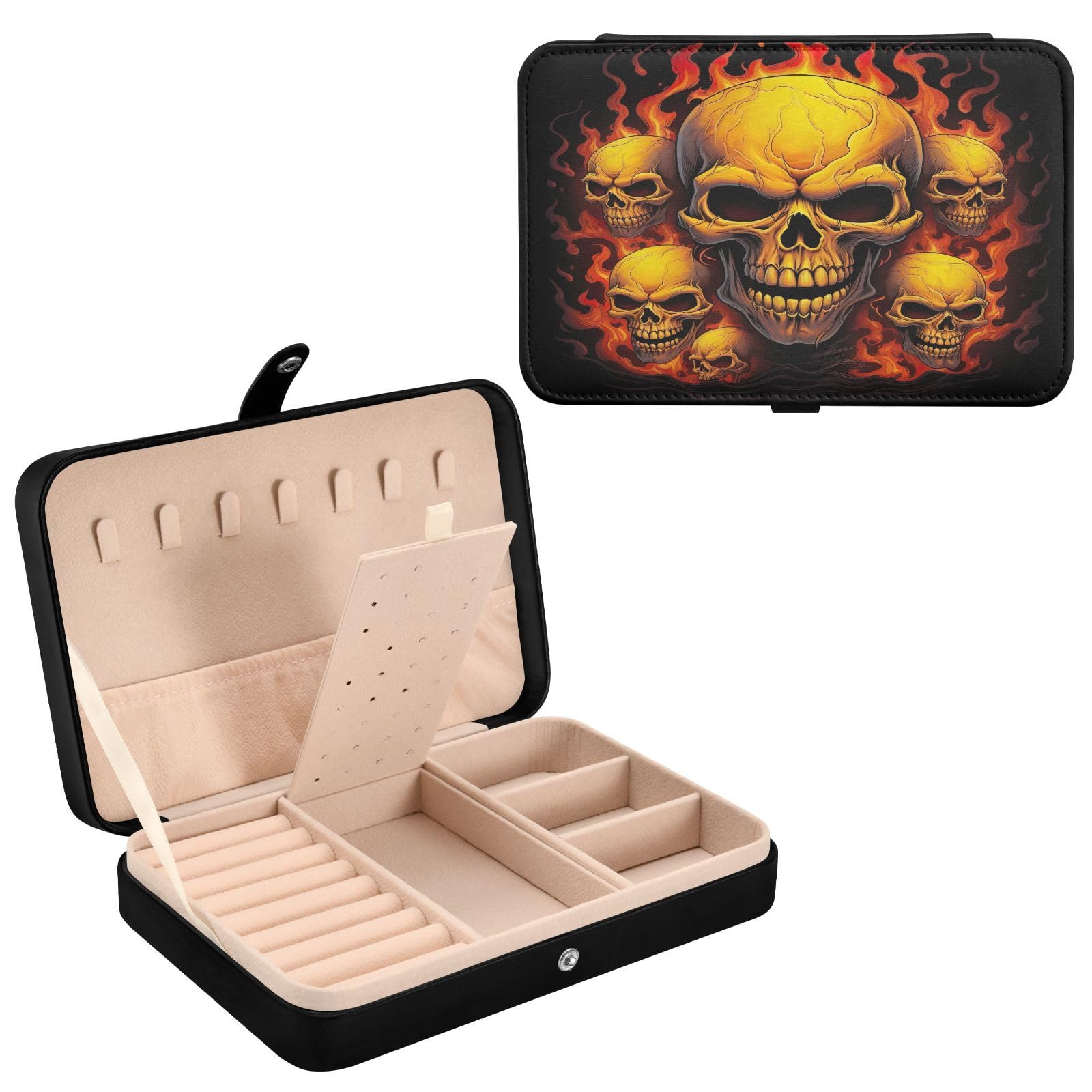 Haskirky Burning Skull Jewelry Box Portable PU Leather Travel Jewelry Organize for Women Jewelry Storage Display Holder for Ring, Necklace, Earring