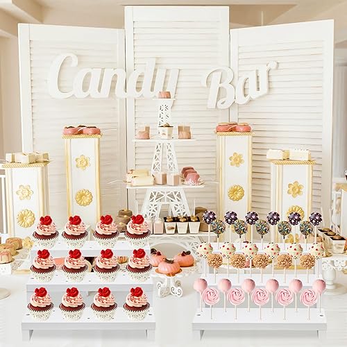 Miniatura 17 de 2 soportes de madera para tartas, soporte para paletas blancas de 3 niveles con lazos giratorios, palitos de piruleta, 17 agujeros para mesa