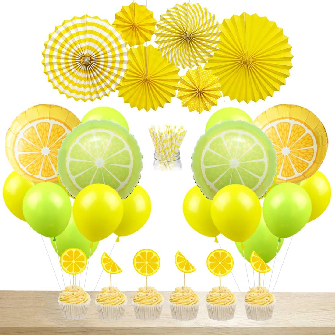 JOYMEMOLemon Party Decorations Lemonade Balloons Paper Straws Cake Topper Hanging Paper Fans for Summer Birthday Party Baby Shower