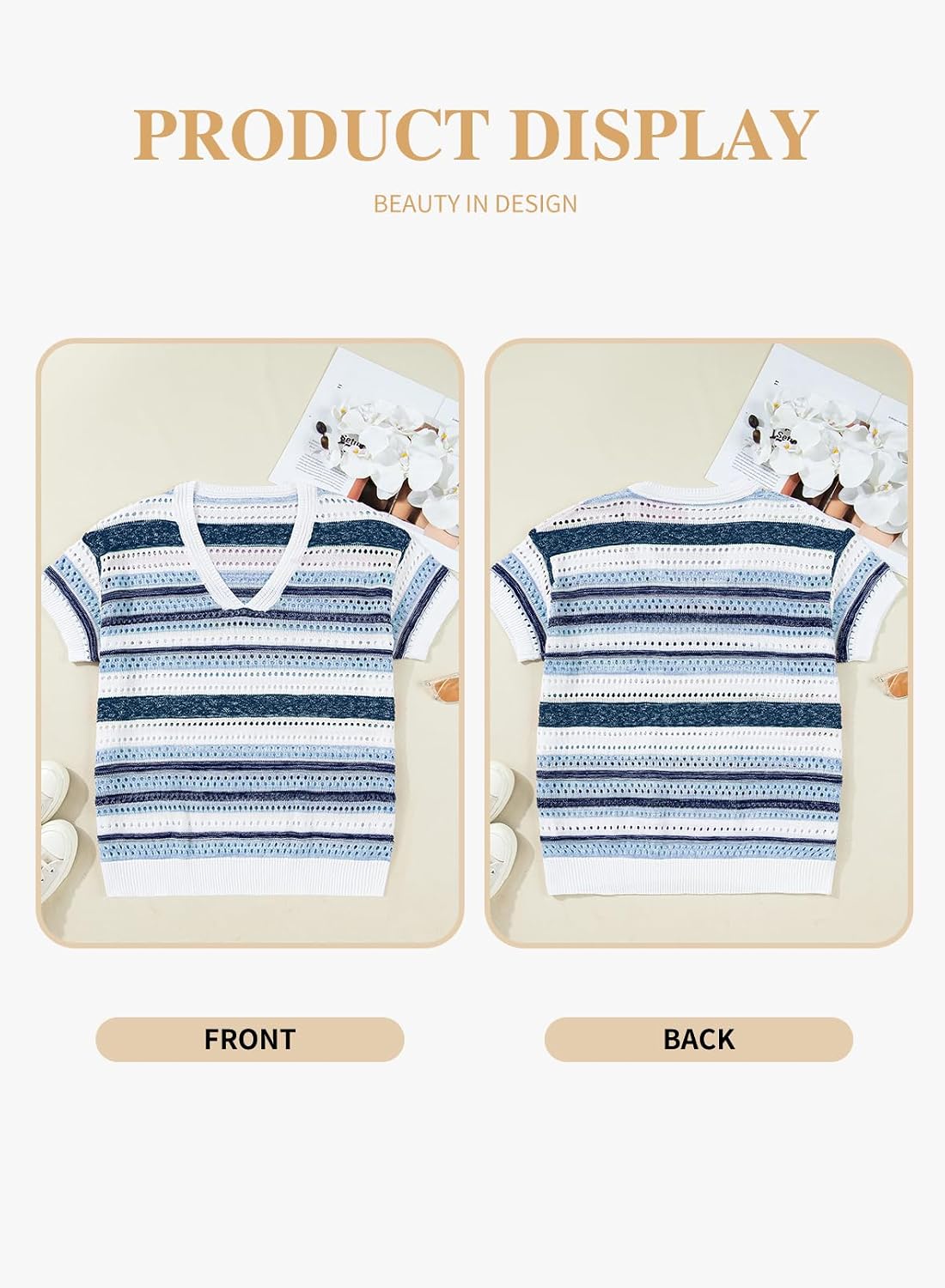 Eytino Plus Size Tops for Women Striped V Neck Short Sleeve Hollow Out Crochet Knit Sweater 2026 Sping Clothes Outfits(1X-5X)