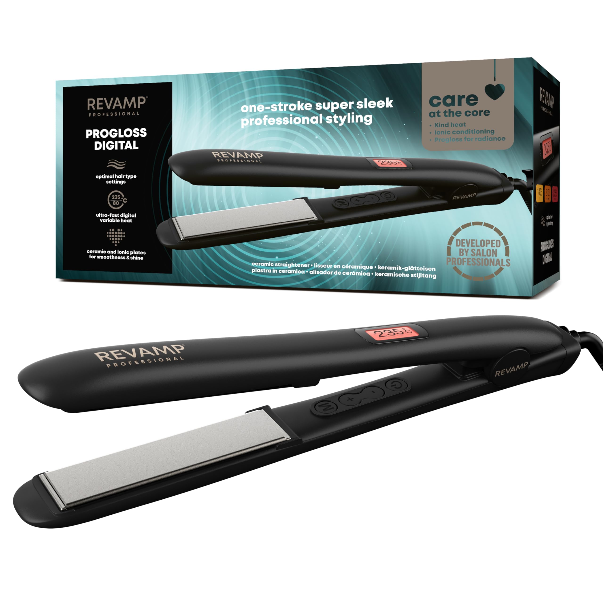 REVAMP Progloss Lisseur Céramique Digital - Lisseur et Boucleur Professionnel Léger et Fin, Plaques Ionique, Température Réglable 80-235 °C, Tension Universelle