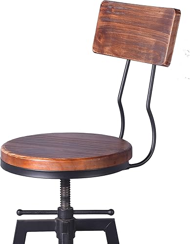 Miniatura 6 de Diwhy Taburete de bar industrial de madera y metal, altura ajustable, giratoria, altura de mostrador, silla de bar con respaldo, negro, juego de 2