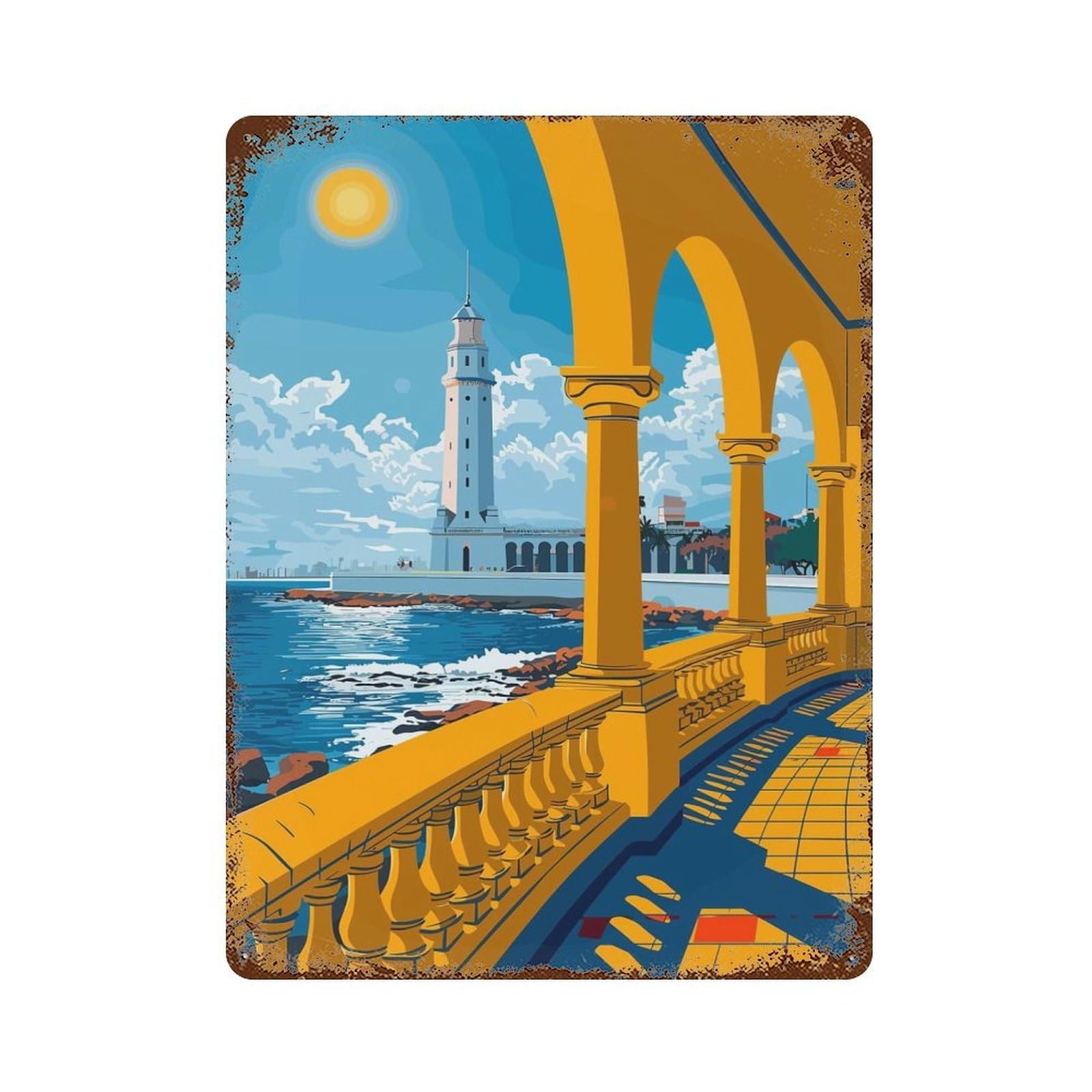 Alexandria Lighthouse View Weathered Tin Sign 15.7"x11.8", Vintage Wall Decor for Garage, Pub Or Kitchen