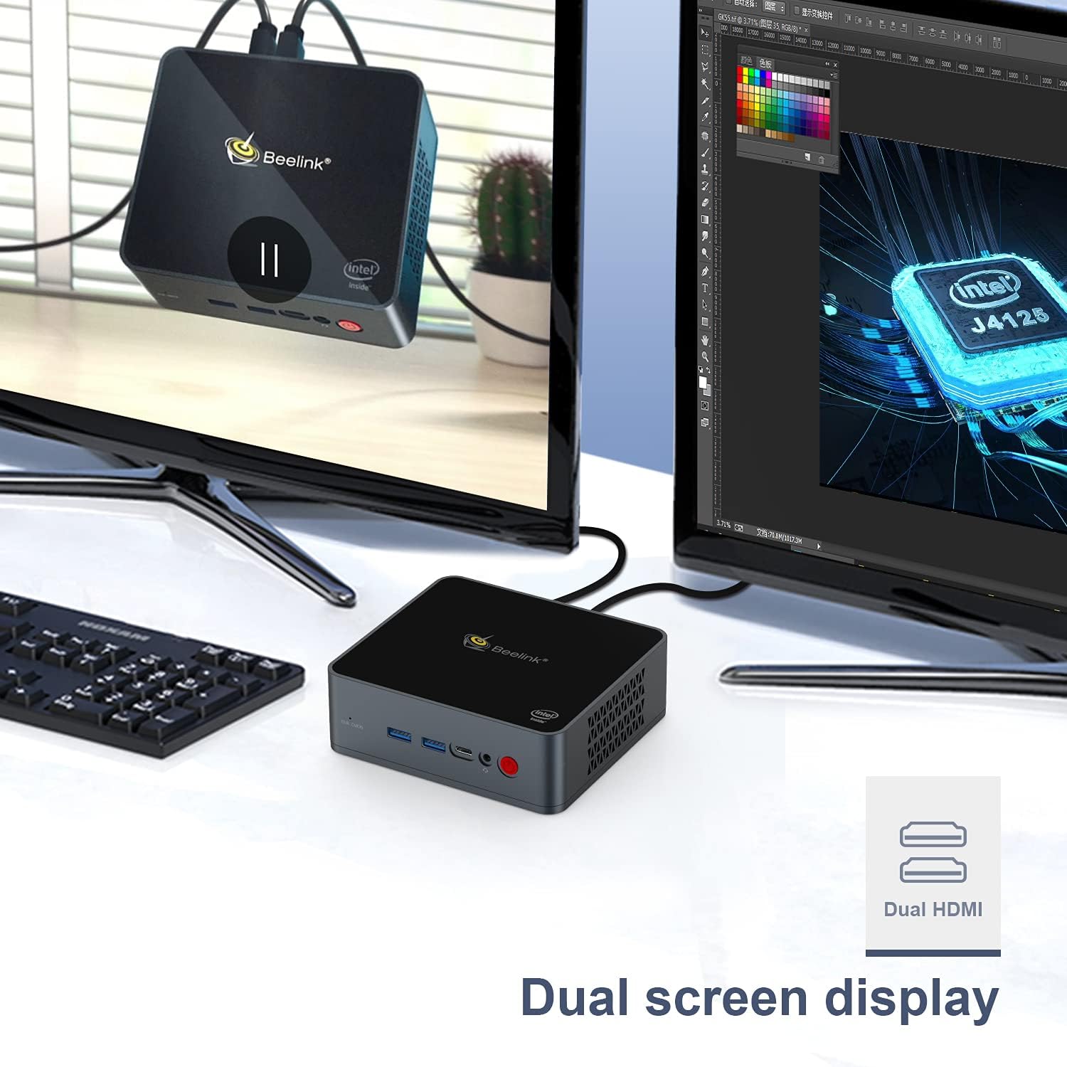 Beelink GK55 Mini PC with dual screen display setup