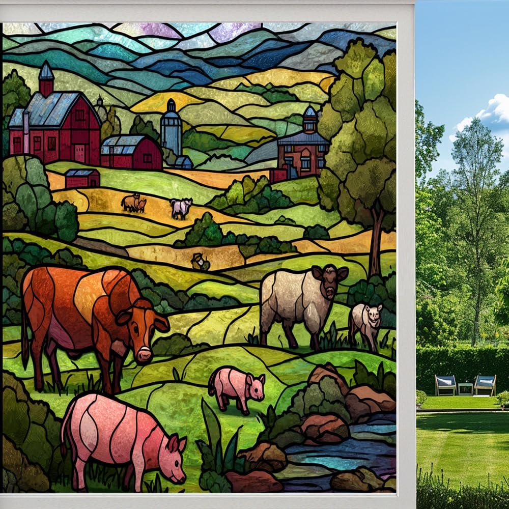Rustic Farmhouse Animals Stained Glass Window Film, Farm Cattle Pig Barn Peel and Stick Privacy Film, Frosted Adhesive Vinyl Decorative for Bathroom Windows Glass Doors, （70x120cm）