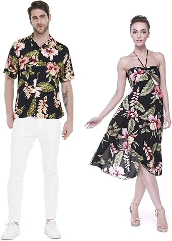 Couple Matching Hawaiian Luau Party Outfit Set Shirt Dress in Black Rafelsia