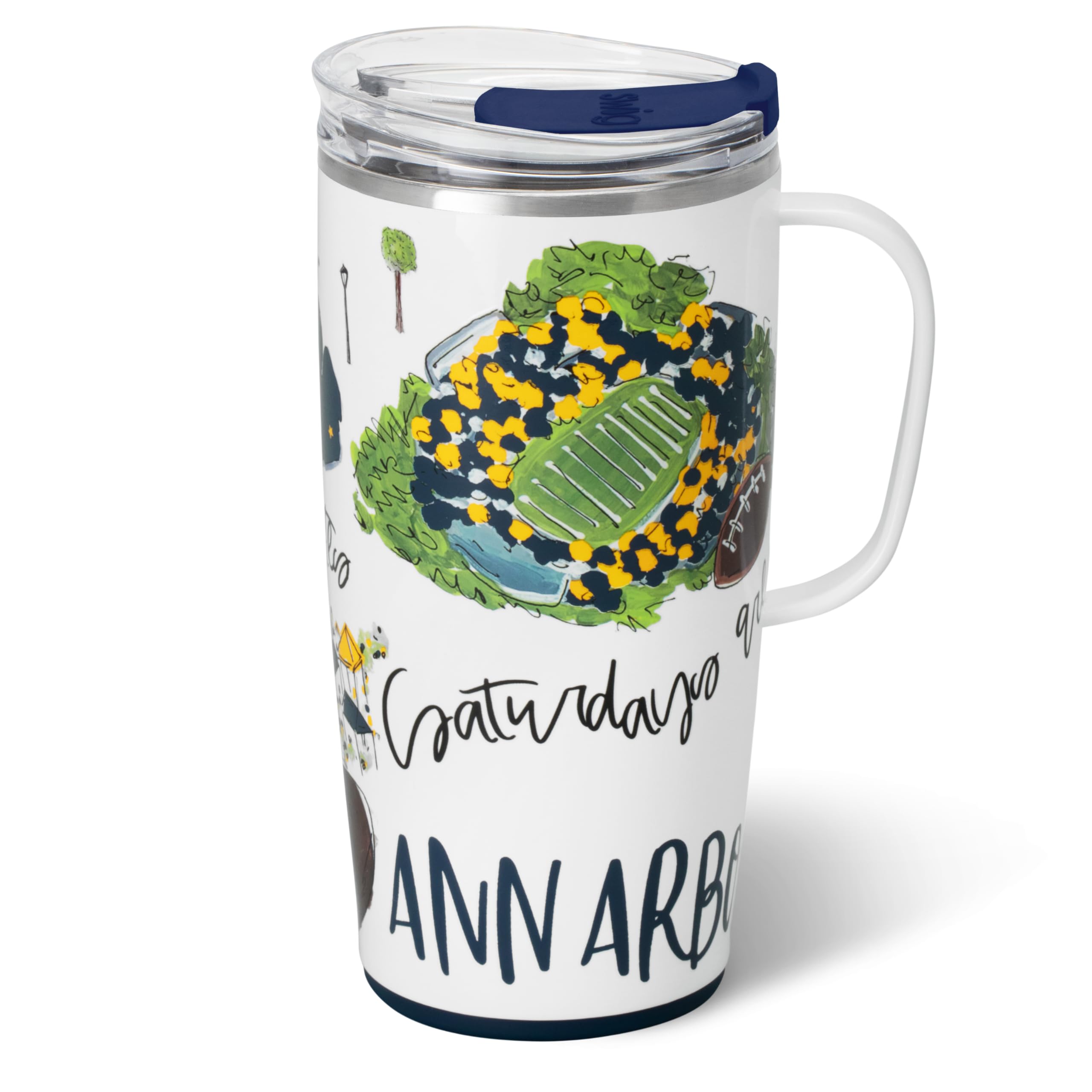 Swig Life Reisebecher, isolierter Becher mit Griff und Deckel, Reise-Kaffeetasse, Becherhalter, Edelstahl, 625 ml, wiederverwendbar, isoliert mit Deckel (Samstag in Ann Arbor)