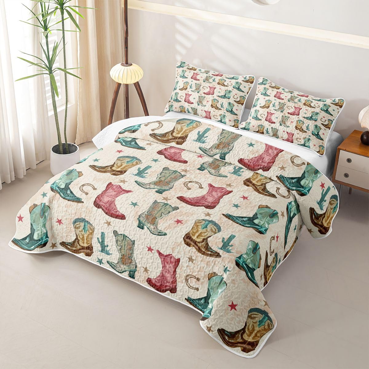 Homewish Beige Cowboys Boots King Size Quilt Set 3 pezzi