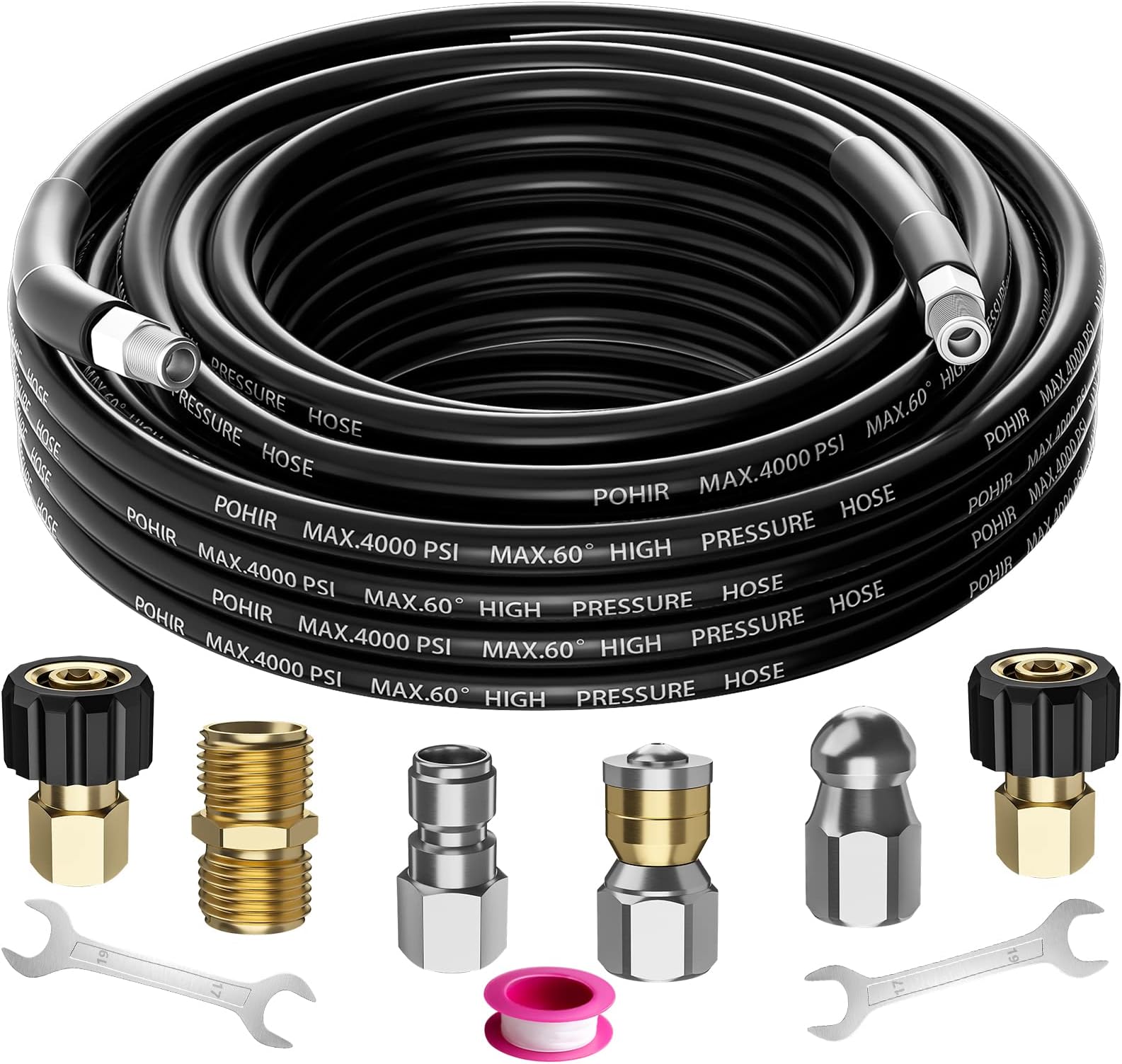 POHIRSewer Jetter Kit for Pressure Washer 15FT, Hydrojet Drain Cleaning Kit with Button Nose, Rotating Sewer Jet Nozzle and 1/4'' NPT,4000 PSI Durable Sewer Jetter Hose with Pressure Cleaner Nozzles