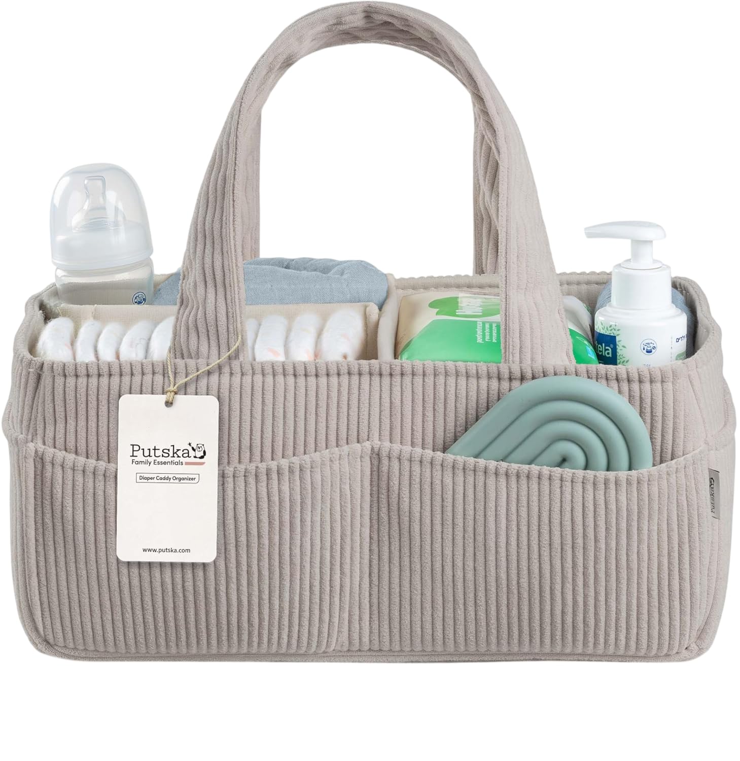 PUTSKA Organiseur de couches pour table à langer – Panier de rangement élégant pour chambre d'enfant, accessoires de nouveau-né, cadeaux de fête prénatale et accessoires indispensables pour garçon ou