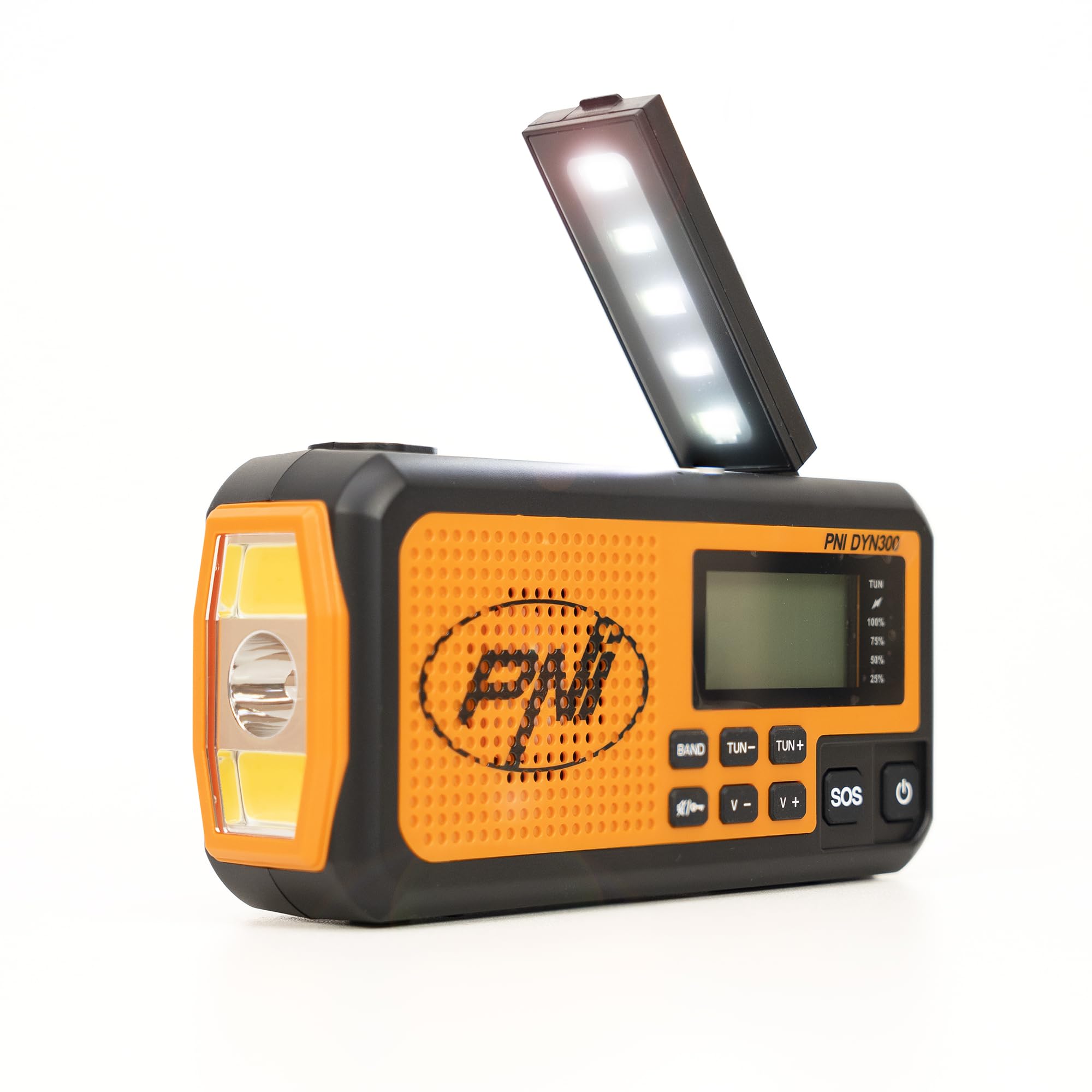 Radio Portable PNI DYN300, avec Dynamo, Chargement Solaire, Lampe de Poche, powerbank 4000 mAh, SOS, IPX3, Orange