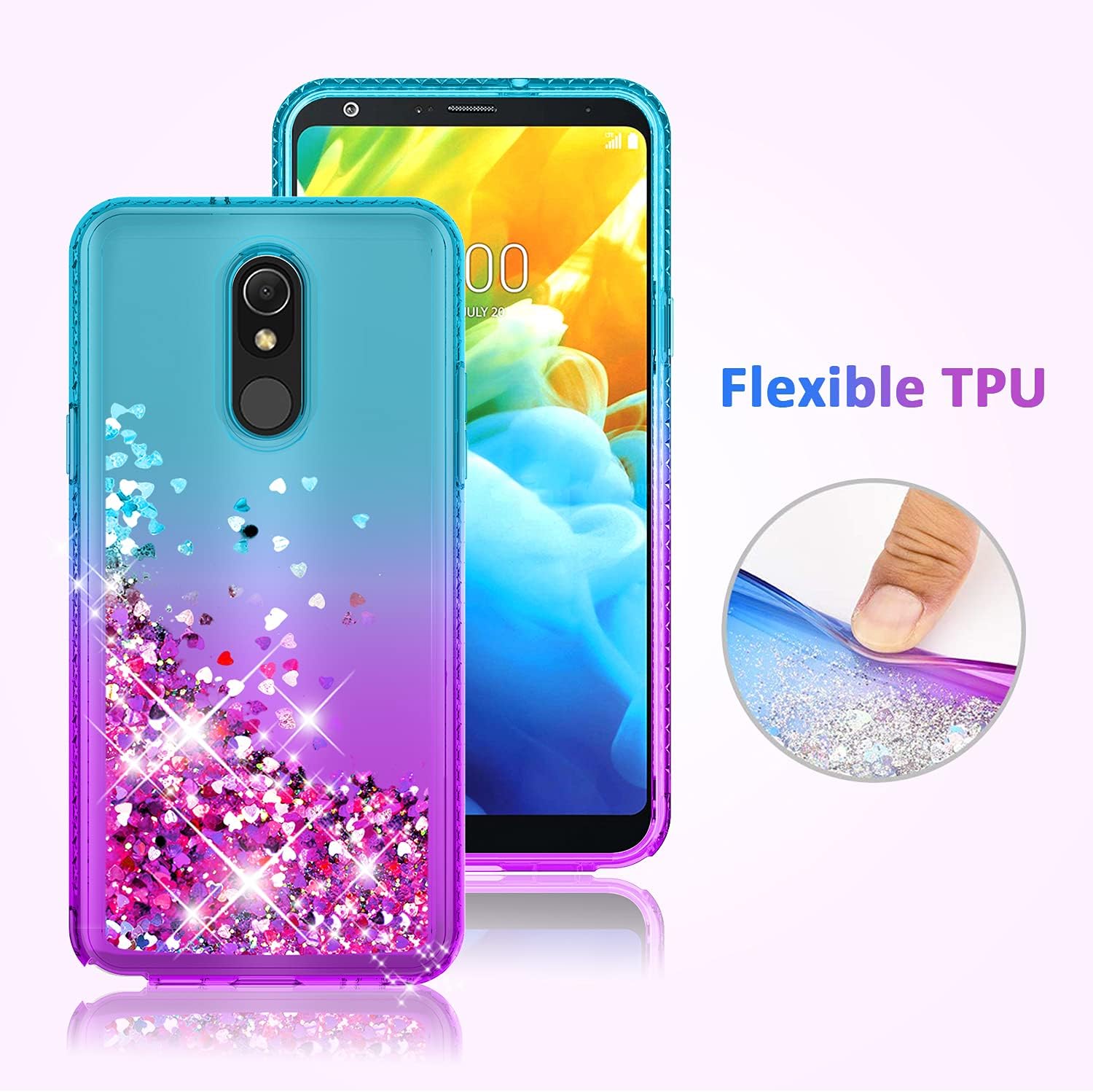Innge for LG Stylo 5 Case,LG Stylo 5+ plus/5V/5X/Stylo 5 Phone Case W/Screen Protector, Flexible TPU/Silicone Phone Case,Glitter Waterfall Quicksand Bling Luxury Cover Girls Women-Teal/Purple