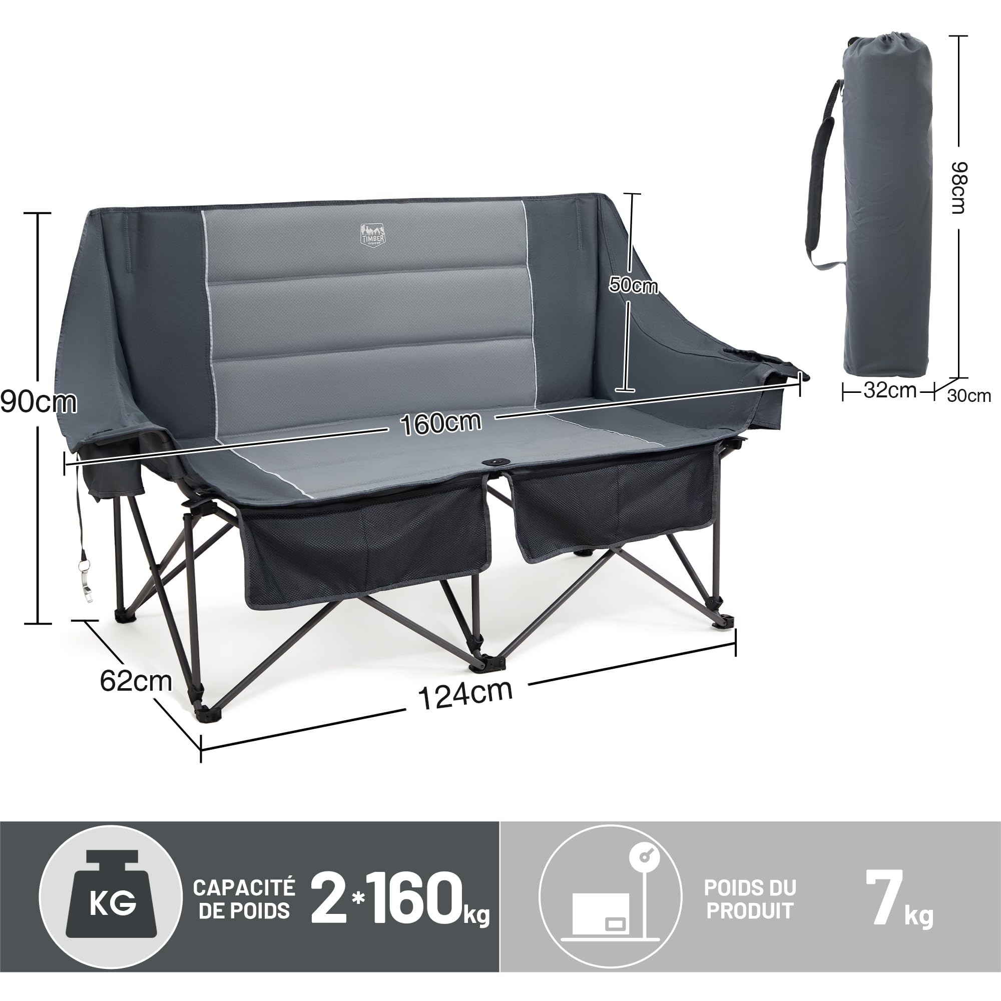 TIMBER RIDGE Chaise de camping pliable pour 2 personnes - Charge maximale : 320 kg - Canapé de camping XXL - 2 places - Avec poches latérales de grand volume - Dossier haut - Extra longue - Pour