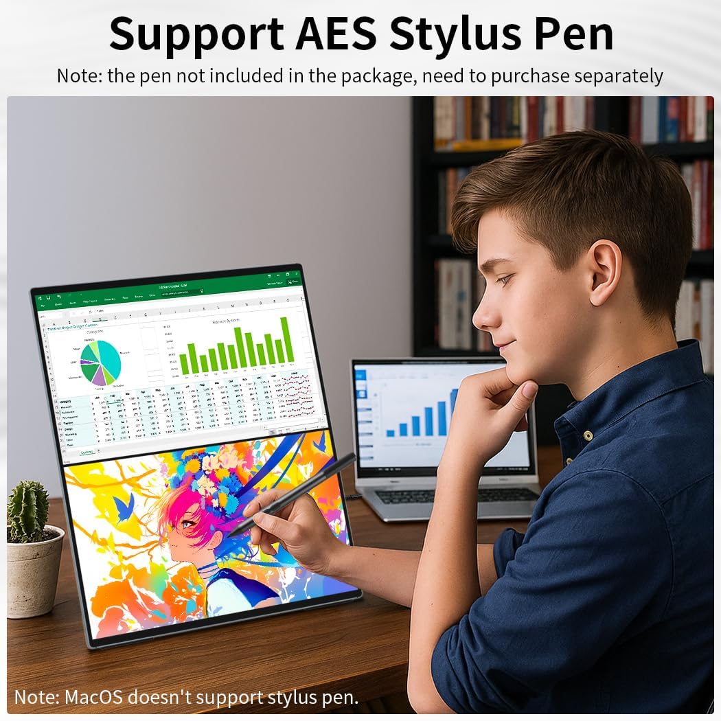 Dual Monitor 14 Inch 2K OLED,Portable Touch Monitor for Laptop Extender| 2K |100% DCI P3|Plug-Play|Stand- VESA| |Slim-Frameless| Computer Triple Display Laptop PC Windows Mac