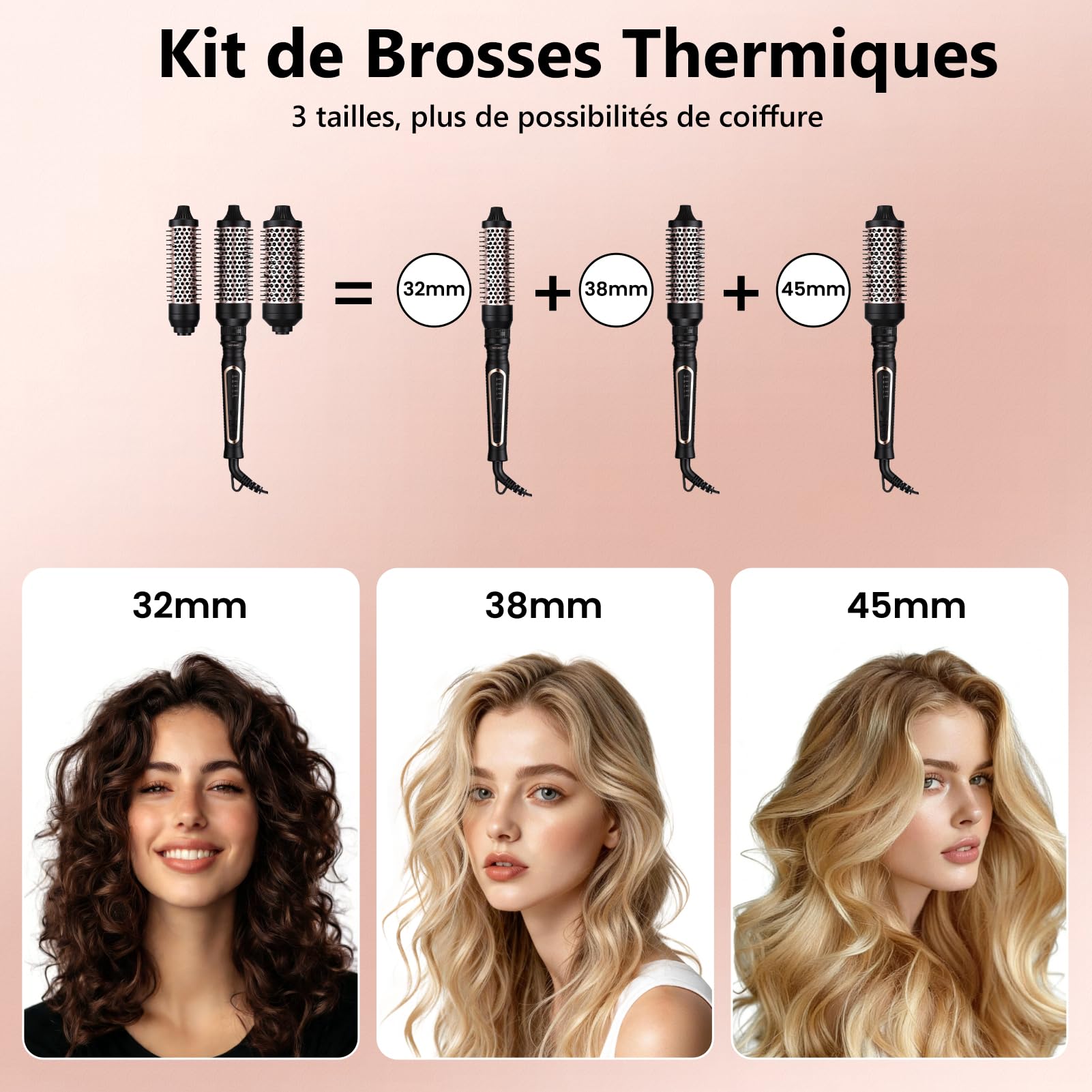 Brosse Thermique 3-en-1 (32/38/45mm) - Technologie Ions Céramique-Tourmaline, Anti-Frisottis, Idéale comme Brosse Chauffante pour un Styling Rapide
