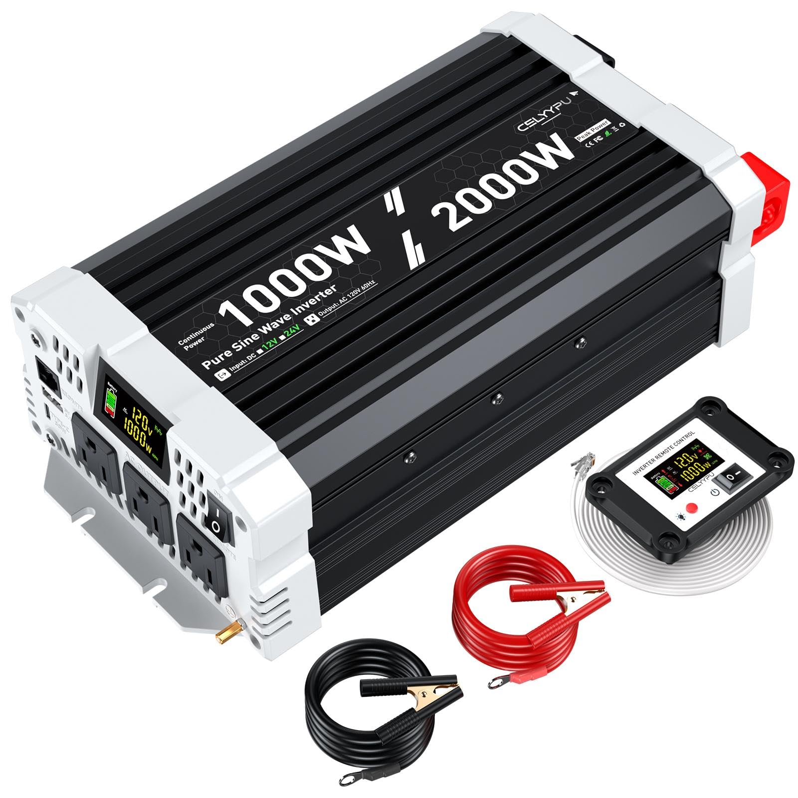 Photo 1 of 1000 watt Pure sine Wave Inverter, 12V DC to 110V AC Power Inverter, with 3 AC Output sockets, USB Port, Type-C Port, Remote Control with LCD Screen, Used for Solar Emergency Power Supply in RV Homes