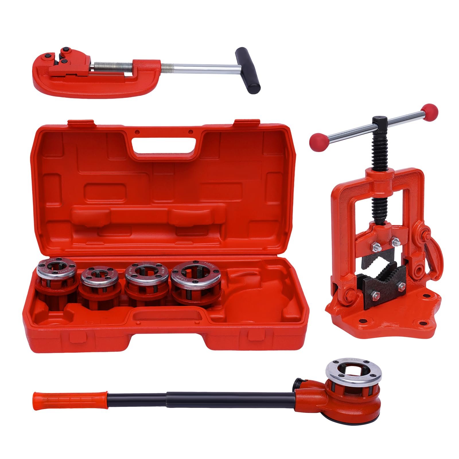 Pipe Threader Kit Ratcheting Set,Handheld Pipe Threader Ratchet Kit with 5 Dies and Ratchet Handle Ratchet Pipe Threader Kit for Steel Pipe Aluminum Ppe PPR Pipe PVC Pipe