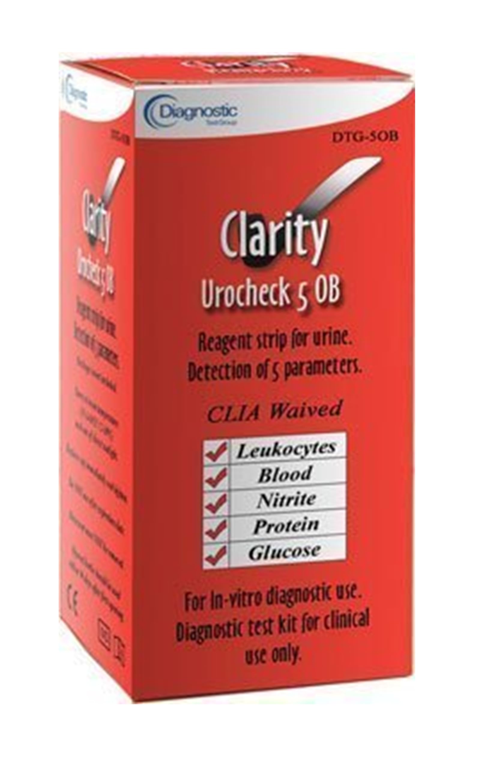 Urocheck 5OB, CLIA Waived; Reagent Strips for 5 Parameters (Leukocytes, Blood, Nitrite, Protein, Glucose) 100 Strips per Box (DTG-5OB)