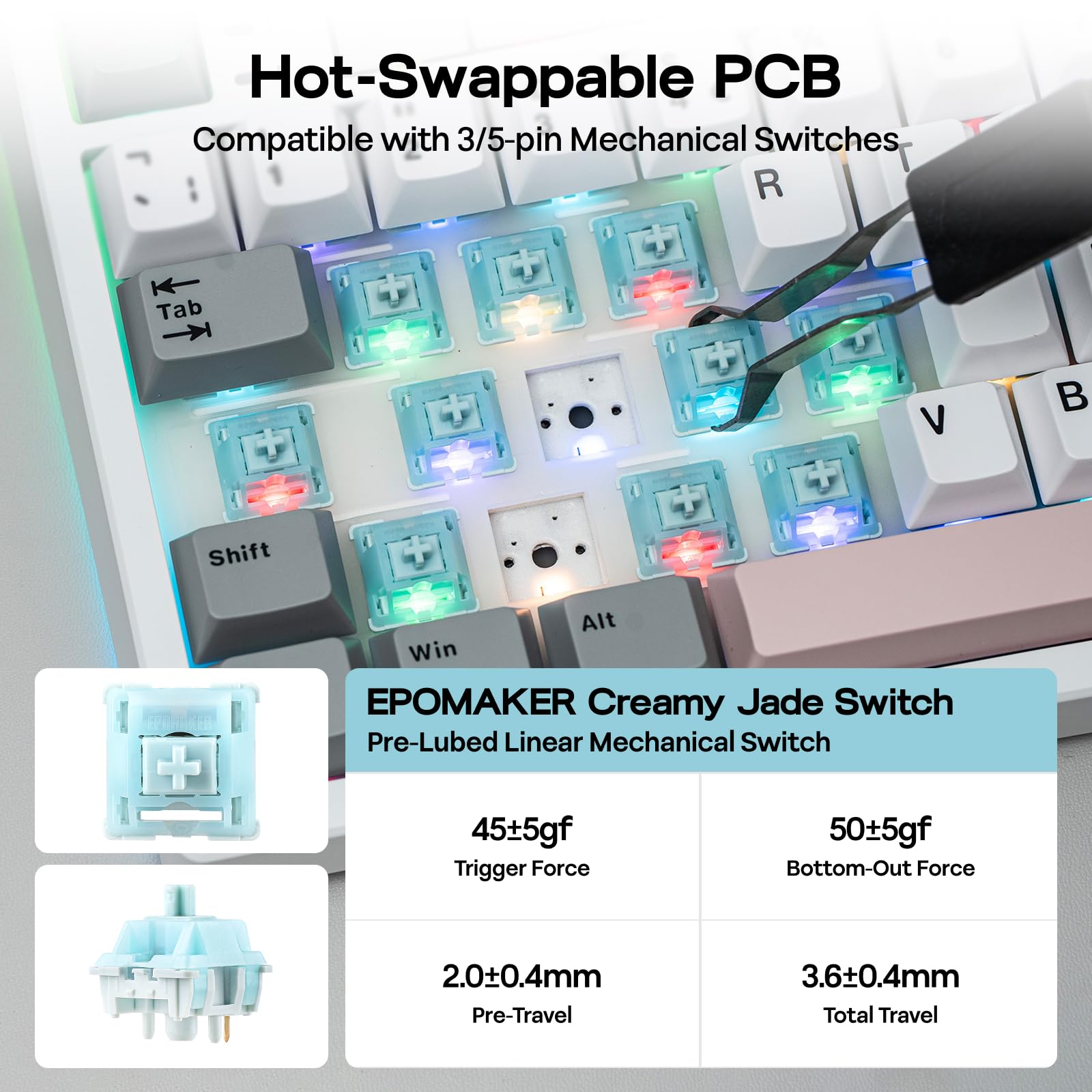 EPOMAKER TH87 Wireless Mechanical Keyboard with 10000mAh Battery, BT/2.4GHz/Wired, Hot Swap, PBT Keycap, RGB Backlit, TKL Gaming Keyboard, UK ISO Layout (White, Creamy Jade) — view 4