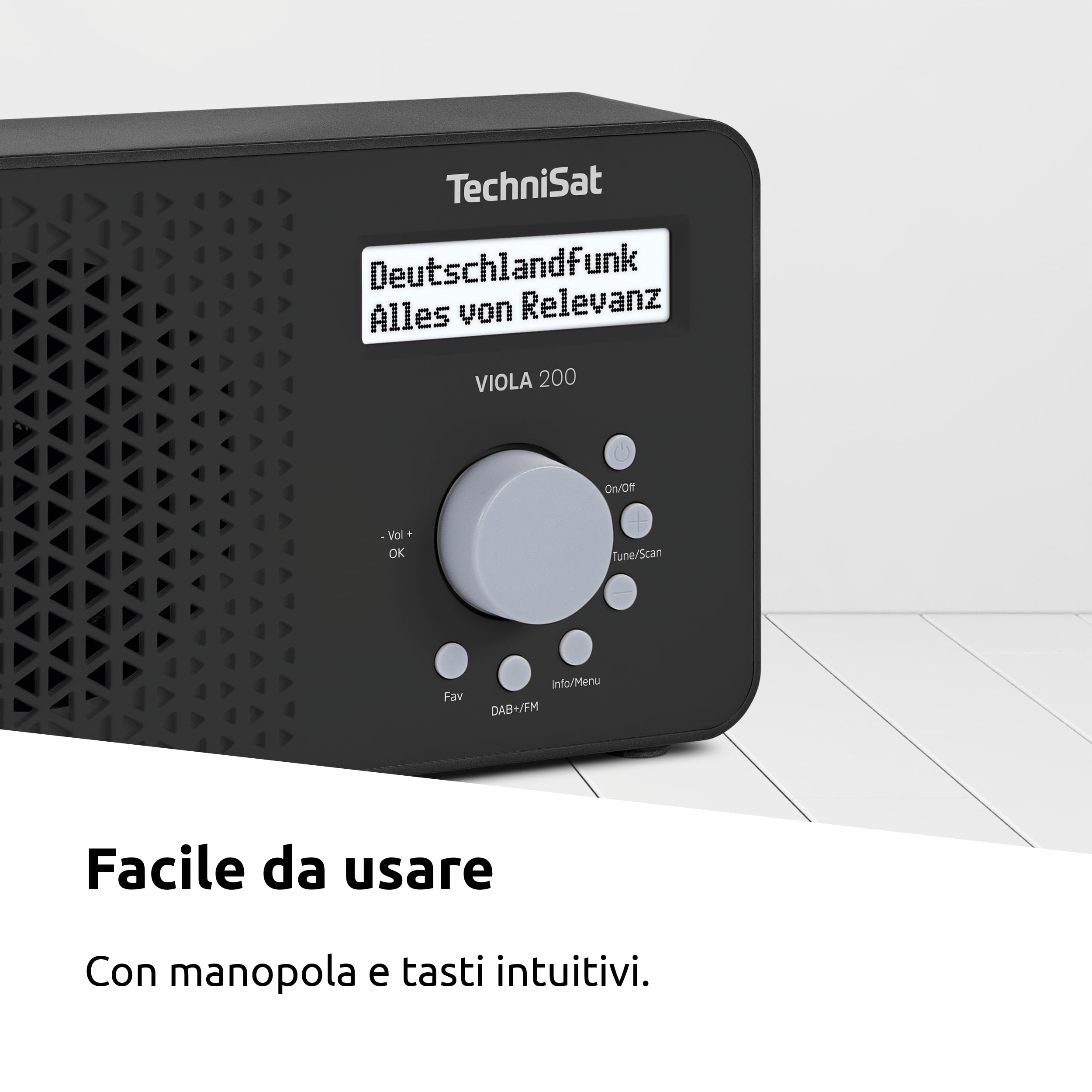 TechniSat VIOLA 200 - Radio portatile DAB+/FM (con display LCD, antenna telescopica, memoria preferiti, presa per cuffie, alimentazione a rete e a batteria, altoparlante mono, RDS, PLL) nero