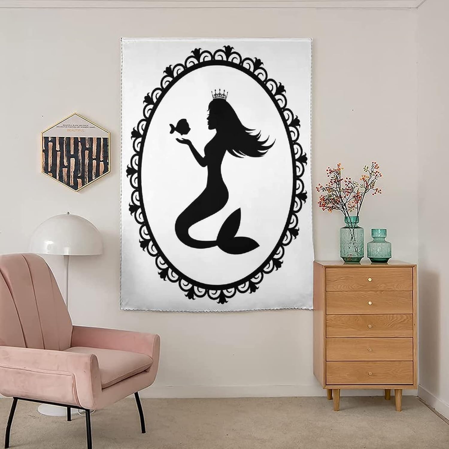 Anywhere Portable Blackout Curtain, Cartoon Door Window Curtains, Vintage Style Graphic Framed Girl with Crown Fish Print Temporary Blackout Blinds,47W x54L Inch, for Bathroom Living Room Bedroom