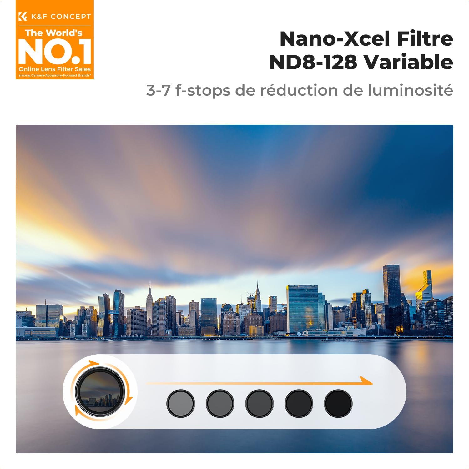 K&F CONCEPT Filtre ND 82 mm Variable ND8-ND128 3-7 Stops Lentille Densité Neutre Gris sans Croix Noir pour Appareil Photo Reflex Numérique Canon Nikon Olympus Panasonic Pentax Sony