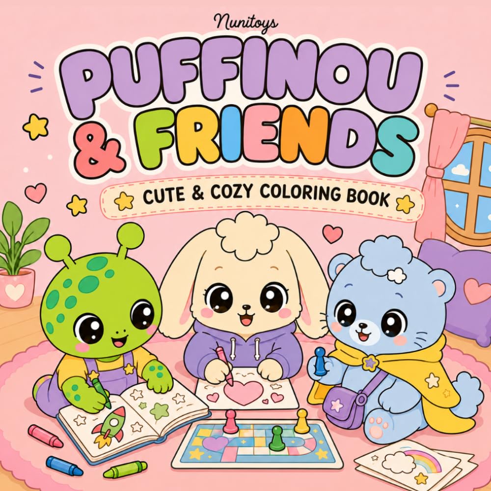 Puffinou & Friends: Cozy Adventures Coloring Book: Cute and Relaxing Kawaii Coloring Pages for Kids