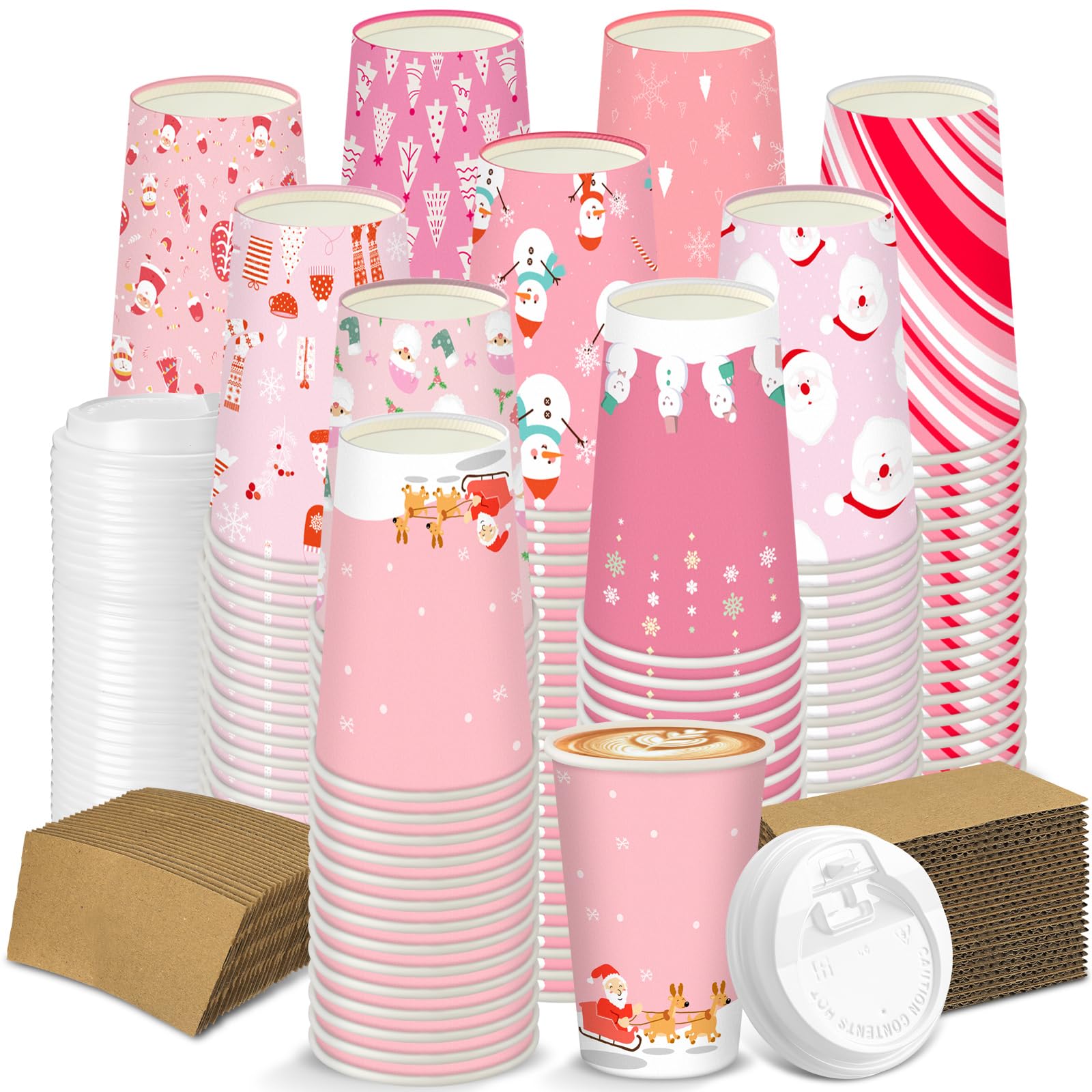 Qilery 300 Pcs Christmas Paper Coffee Cups with Lids and Sleeves Festive Christmas Disposable Hot Cups for Cocoa Chocolate Beverages Decorative Holiday Party Paper Cup(Snowman,16 oz)