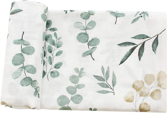 LifeTree Baby Muslin Cloths - Soft Baby Muslin Swaddle Blankets for Boys & Girls - Bamboo Cotton Large Muslin Cloths for Baby 120x120 cm, Eucalyptus Leaves
