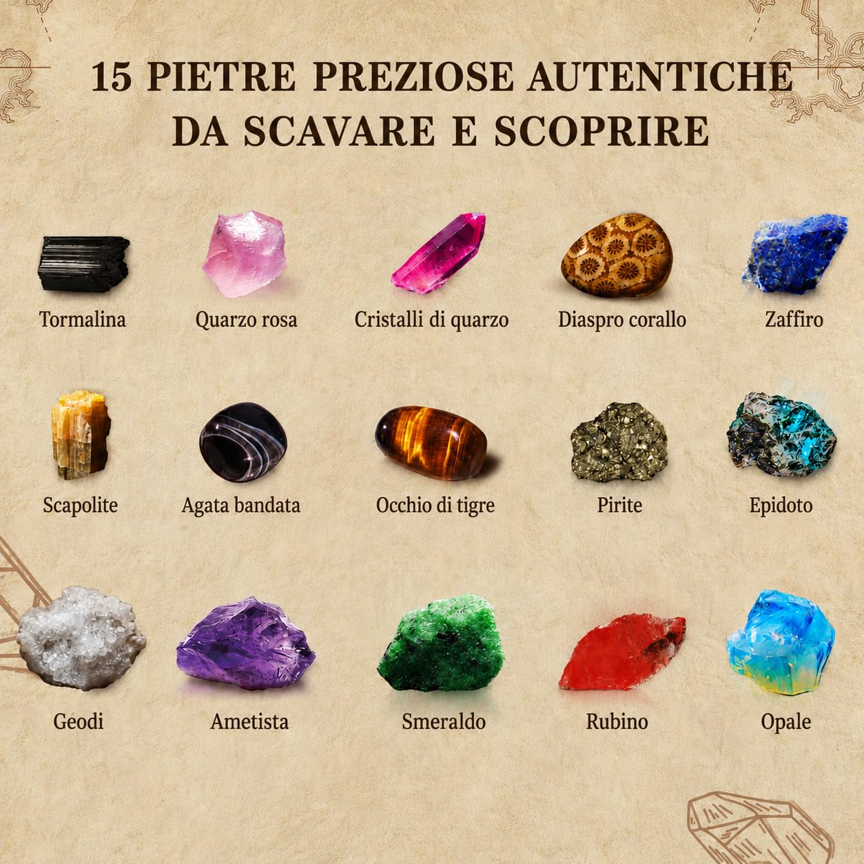 Kit di Scavo per Bambini con 15 Vere Gemme, Pietre e Cristalli da Scoprire, Gioco Educativo di Geologia, Regalo Archeologico per Bambini e Bambine