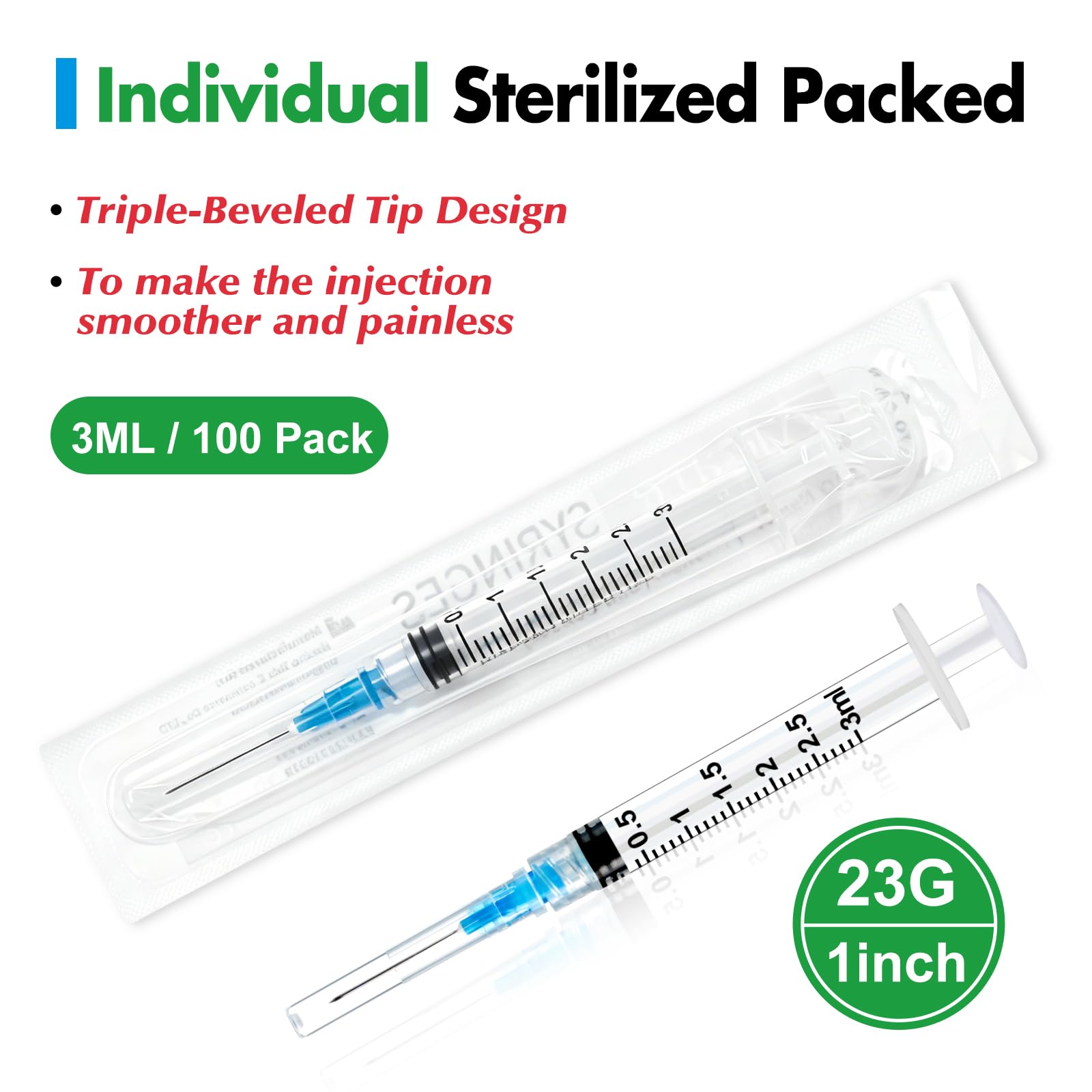 100 Pack 3ml Lab Syringes with 23Ga 1 Inch Needle Luer Lock, Individually Sealed Packed — Amazon image 5