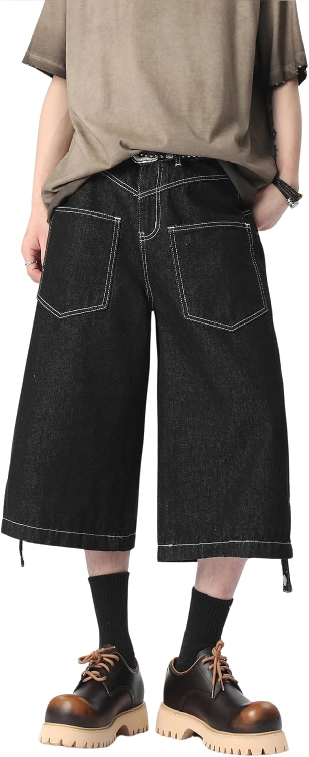 DOSLAVIDA Baggy Jorts Mens Denim Shorts Summer Jean Shorts Loose Casual Fashion Capri Jeans