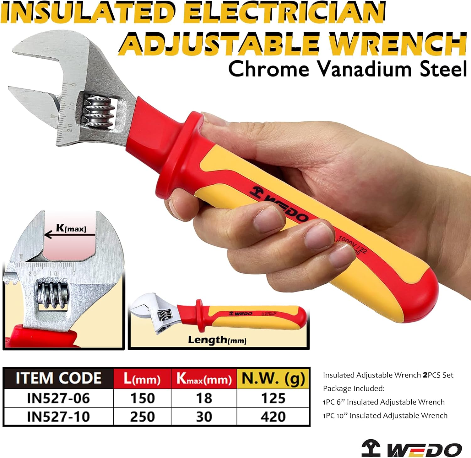 WEDO 2-Piece Insulated Adjustable Wrench Set(6-inch,10-inch),VDE 1000V Adjustable Injection Spanner,Electricians Safety Wrench,Chrome Vanadium Steel,Anti-Slip Handles,IEC 60900