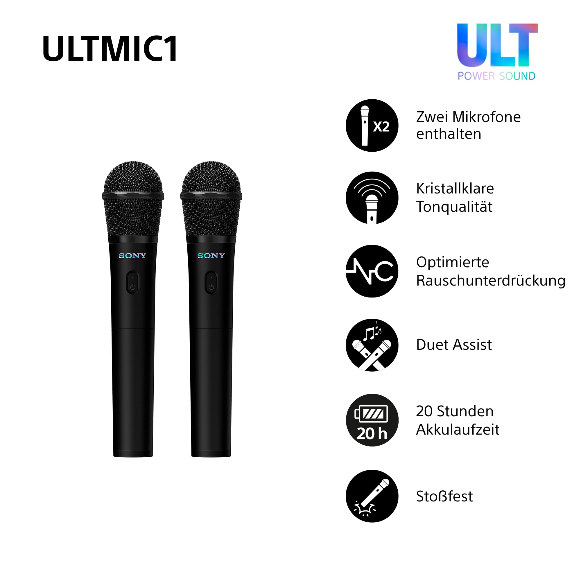 Sony ULTMIC1 - Kabelloses Mikrofonset mit 2 Mikrofonen und Empfänger, erweiterte Rauschunterdrückung, Duettunterstützung, 20-Stunden-Akku, stoßfest, perfekt für die ULT Power Sound Serie - Schwarz