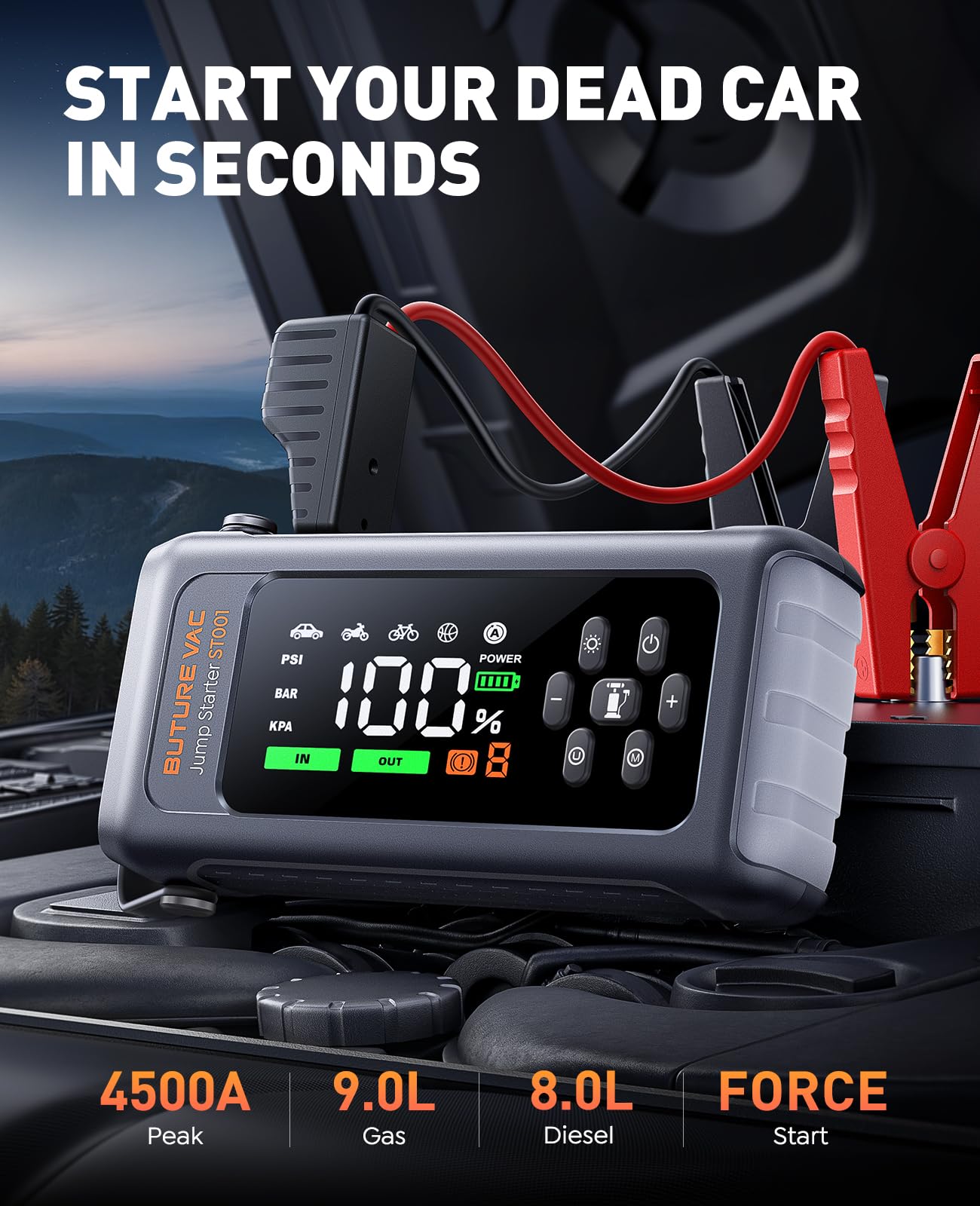 Arrancador de Baterias de Coche con Compresor de Aire, 12V 5000A Arrancador Coche Portatil con Inflador de 150 PSI, Linterna LED de Emergencia, Banco de energía de Arranque
