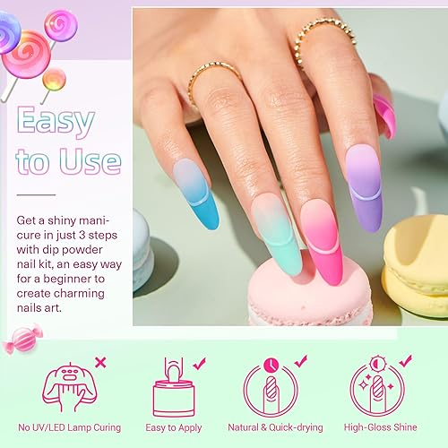 Miniatura 3 de AZUREBEAUTY Kit de iniciación de uñas en polvo de inmersión, primavera y verano, verde pastel brillante, rosa intenso, morado, 4 colores, polvo de