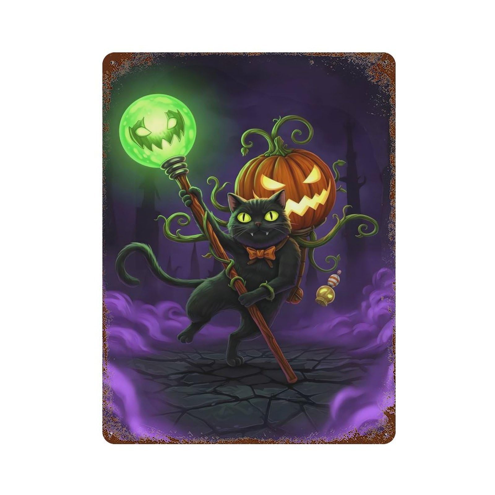 Halloween Cat with Pumpkin And Staff Rust Effect Tin Sign 15.7"x11.8", Novelty Wall Decor for Garage, Pub Or Kitchen
