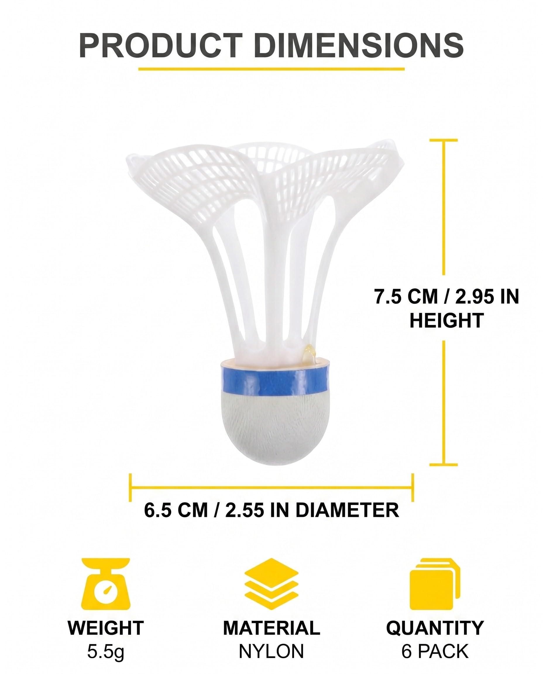 6 Volani da Badminton Winddicht Giallo Bianco Nylon Lunga Durata per Allenamento e Svago all'Aperto e al Chiuso Parco Spiaggia