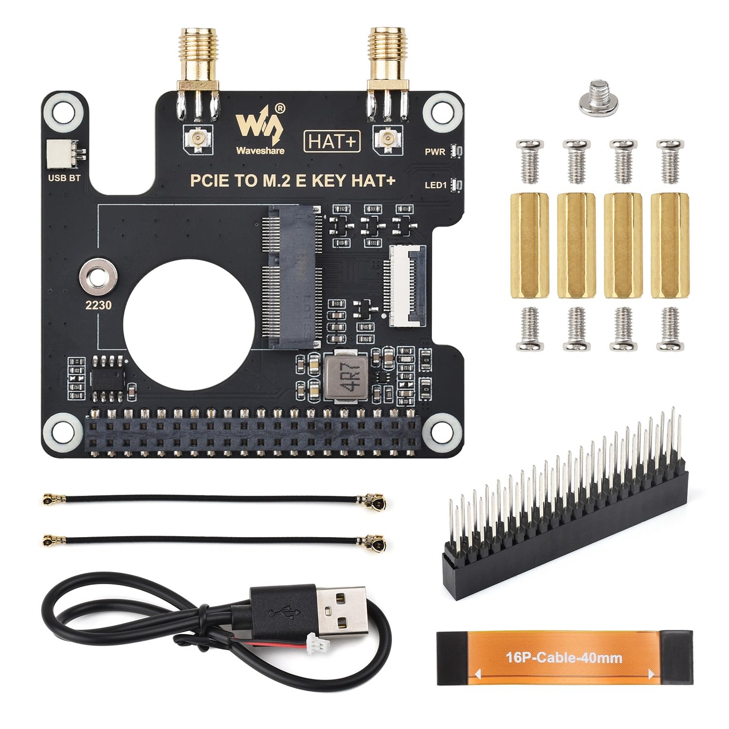 Waveshare PCIe to M.2 E Key HAT, Compatible with Raspberry Pi 5, Support Various NGFF (M.2 E Key) Wireless NIC, Supports USB Bluetooth Connection and HAT+ Standard, Raspberry Pi 5 PCIe HAT