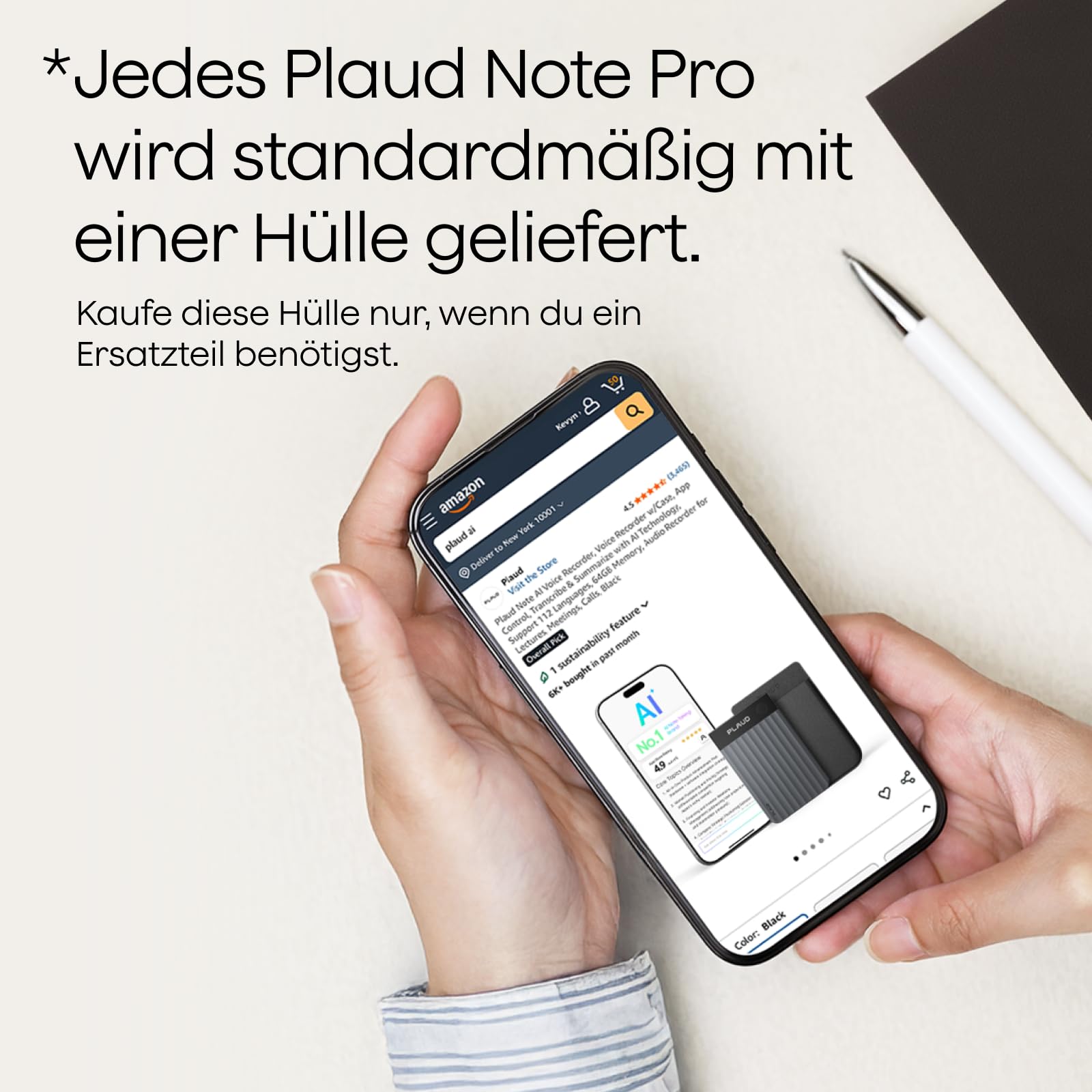 Plaud Note Pro und Magnetische Hülle im Bundle (Dunkelblau), KI Digitales Diktiergerät App-Steuerung, KI-Notizgerät, KI-Transkription & Zusammenfassung, 112 Sprachen, 64GB Speicher, Audiorekorder