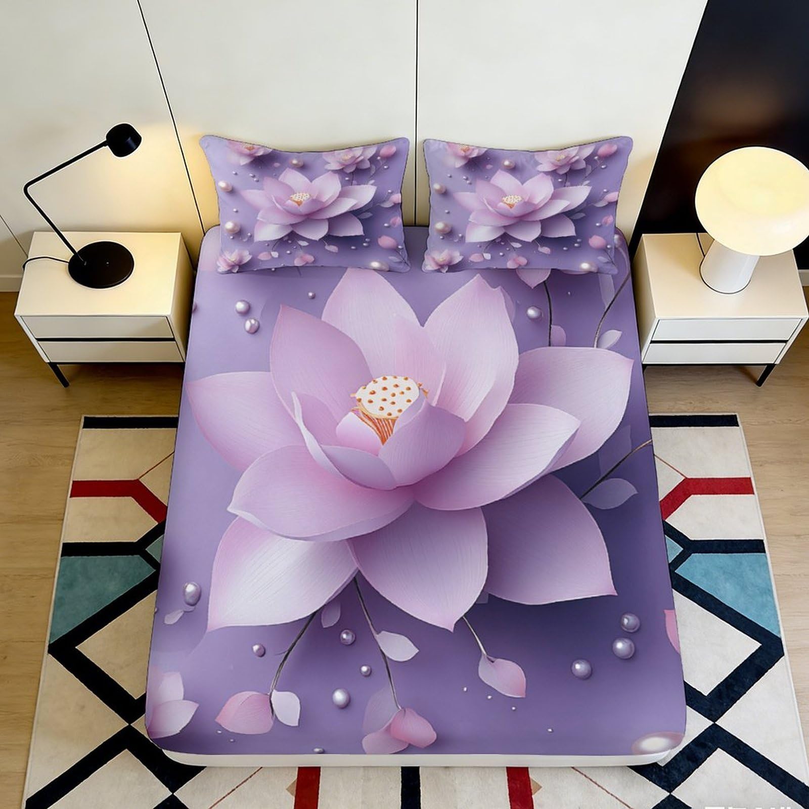 Uxinyoume Style-6 3D Printed Purple Lotus Fitted Sheet Microfiber Soft Non-Slip Pink Petals Mattress Cover For Bedroom Dorm Easy Care 90X200x25cm