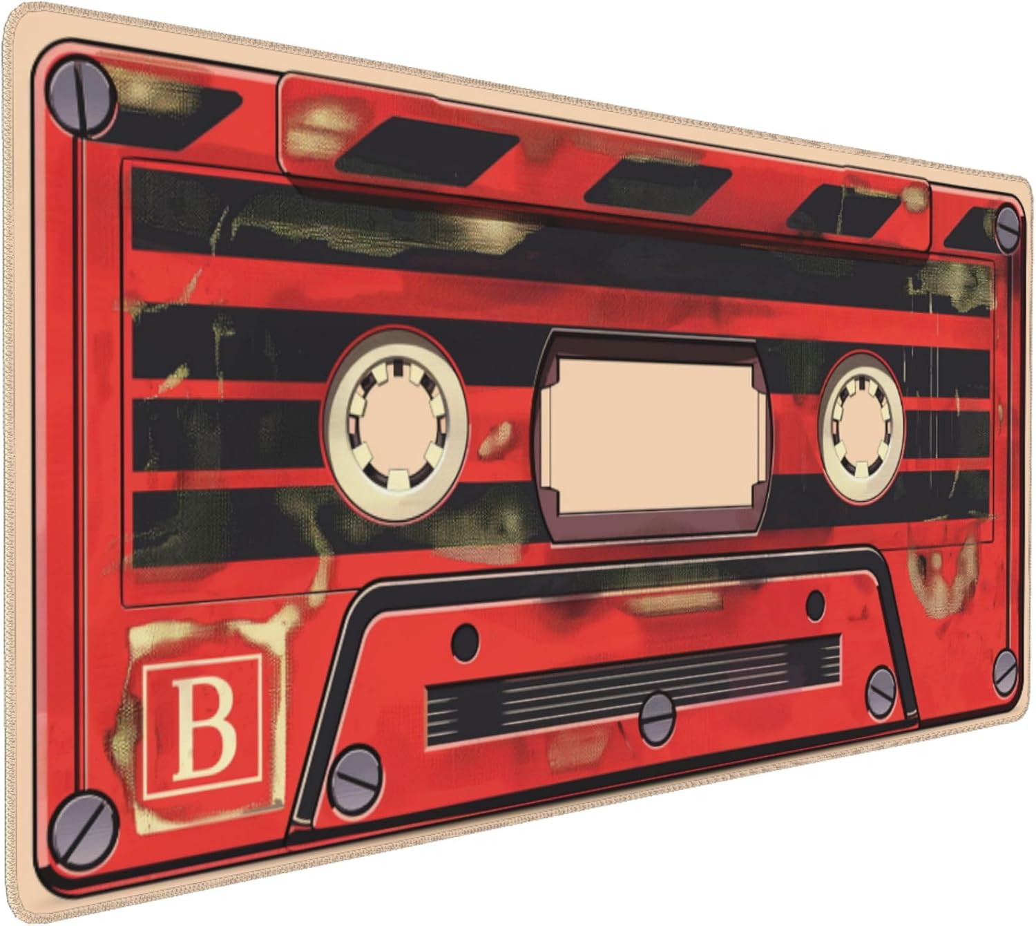 Retro Cassette Tape Desk Mat, Red and Black, 35.4 x 15.7 Inches, Anti-Slip Base, Gaming Mouse Pad